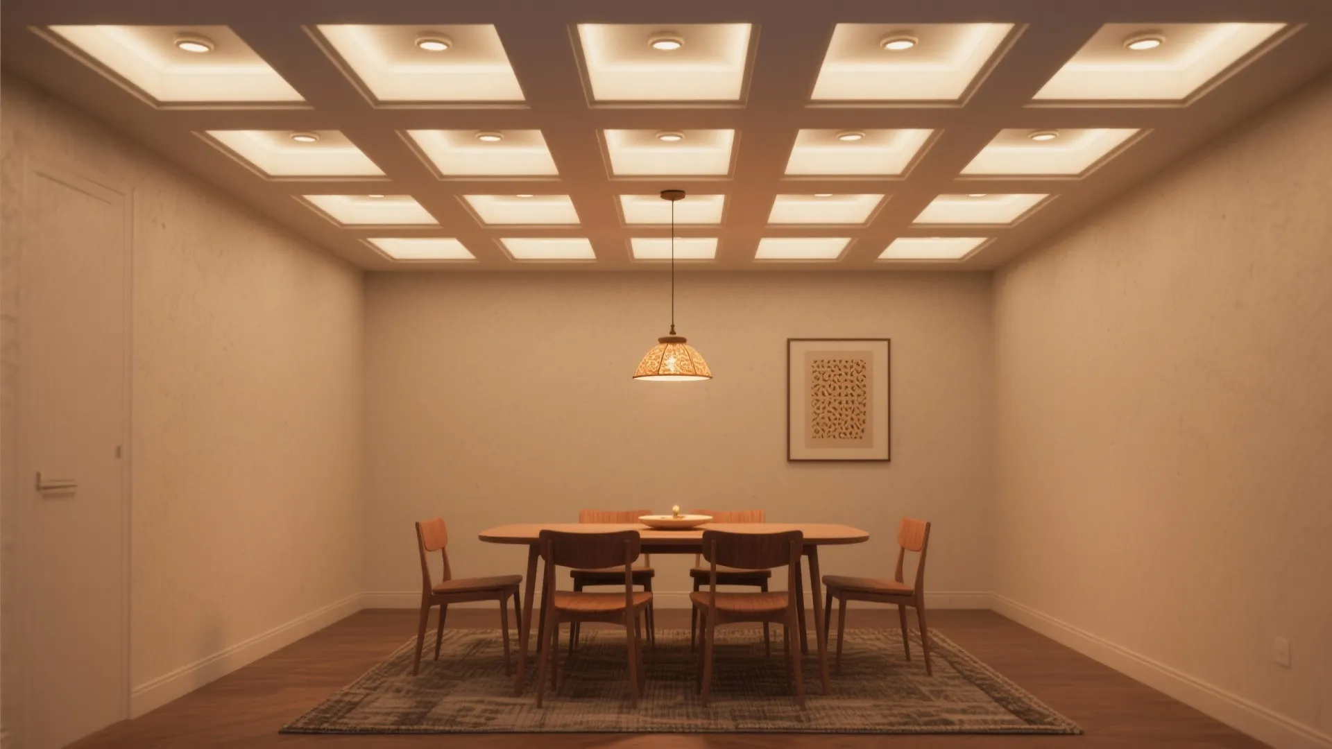 Dining room with wooden table and chairs under many square ceiling lights and one pendant