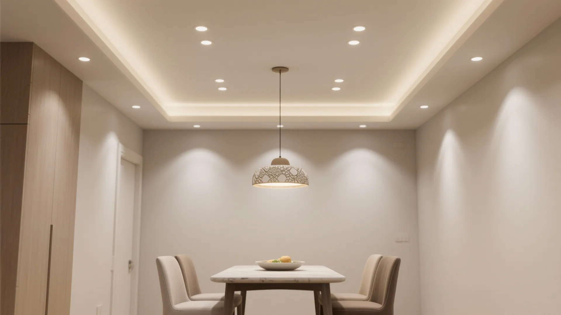 4. Recessed lighting with a focal pendant