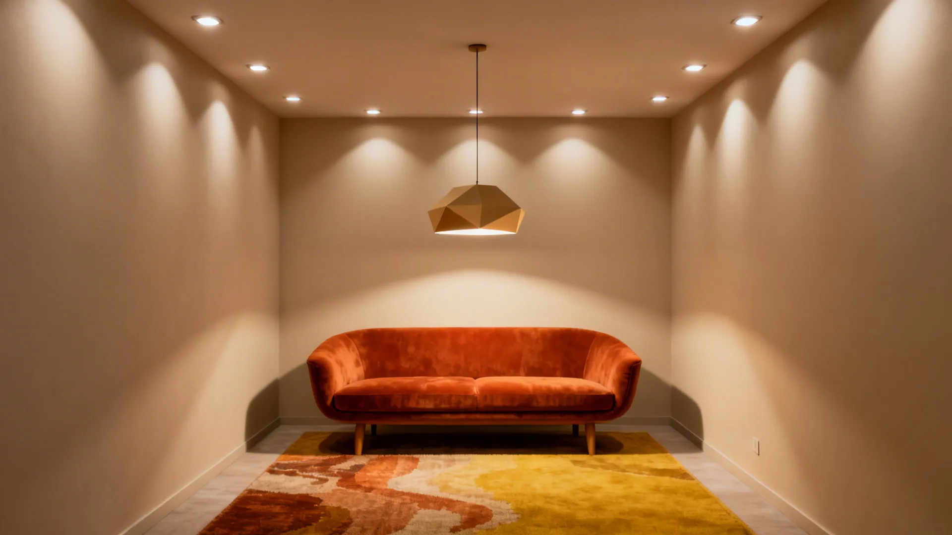 Compact living room with recessed downlights and a single sculptural pendant highlighting the seating area.