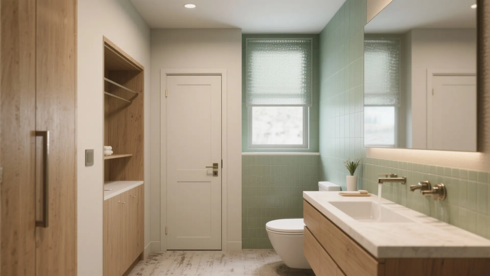 Modern bathroom featuring green wall tiles wooden cabinet white sink toilet and white interior door