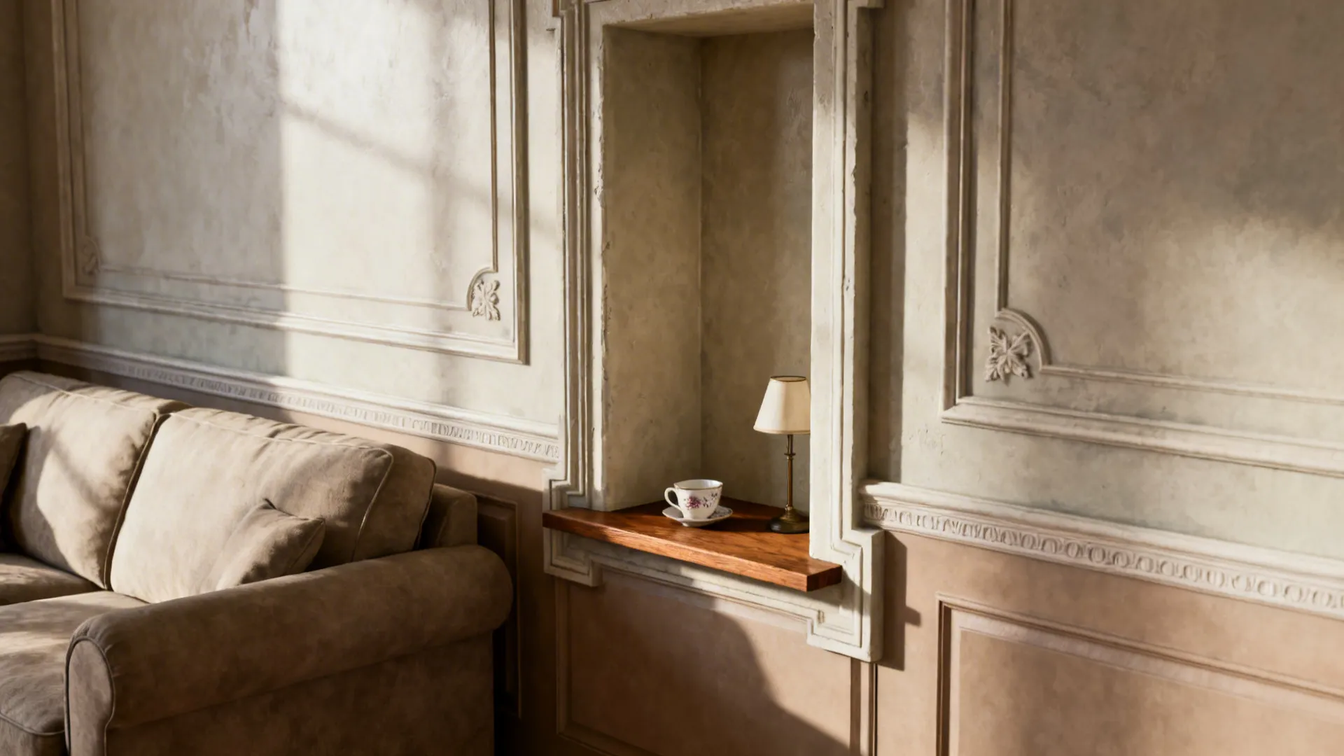 Built-in recessed niche pocket table next to a sofa with period plaster detailing.