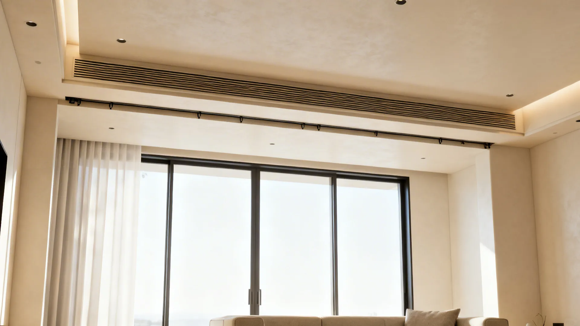 Large living room window with white sheer curtains hidden curtain track and ceiling light fixture