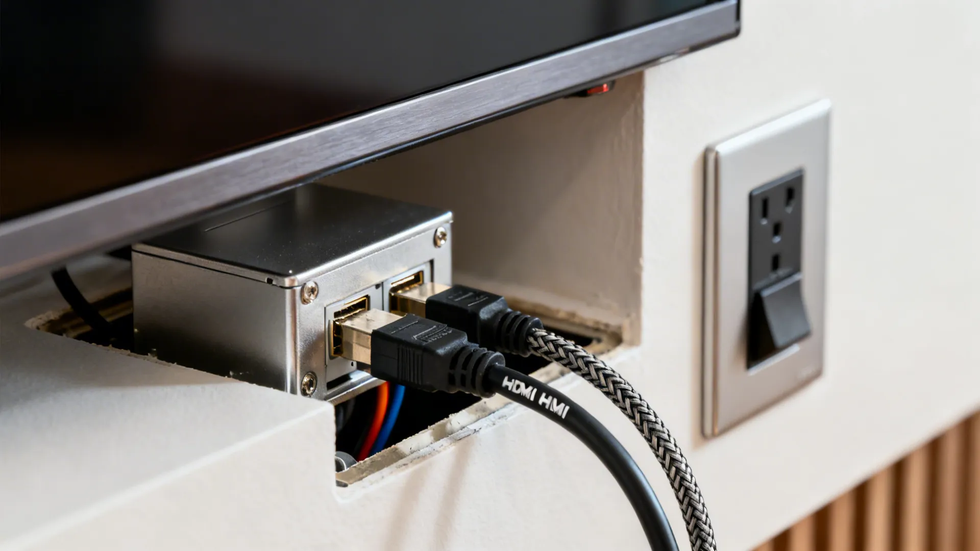 Macro of recessed power kit with separate low-voltage pass-through and labeled HDMI.