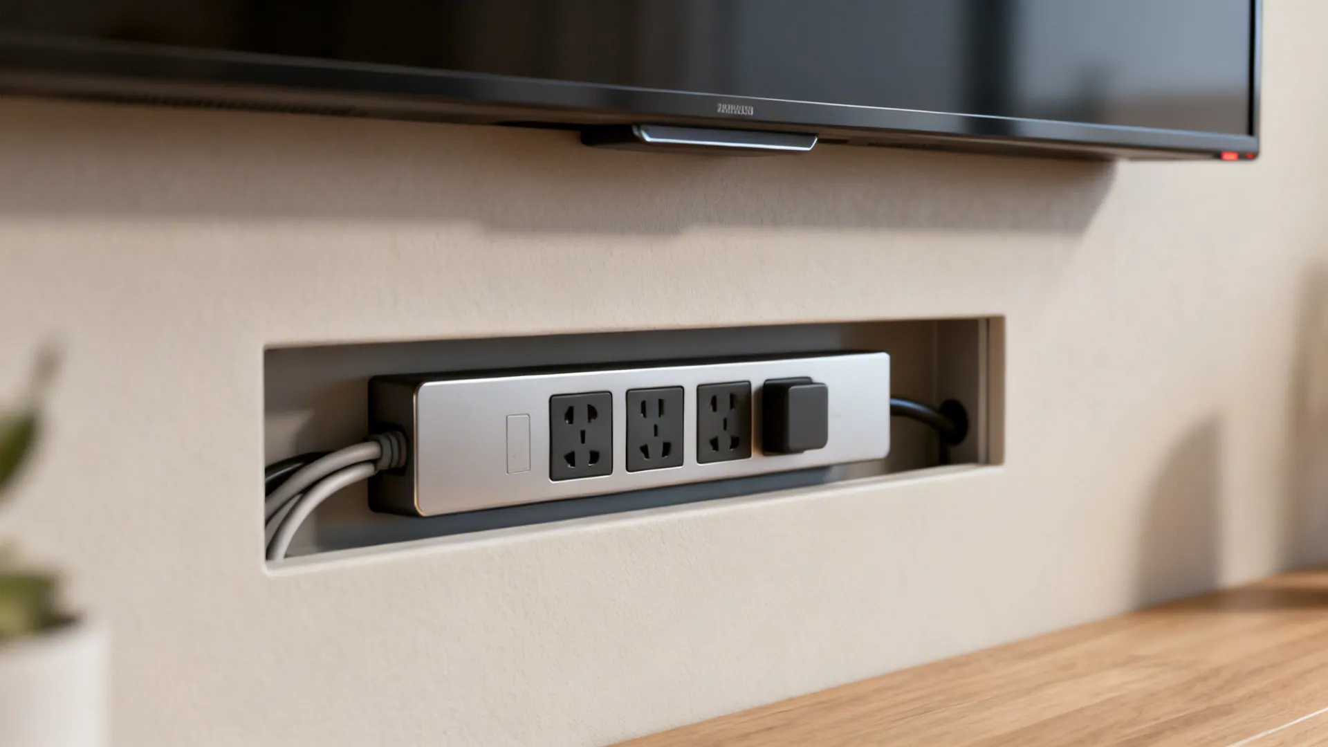 Recessed power strip flush with the wall behind a TV for clean cable management.