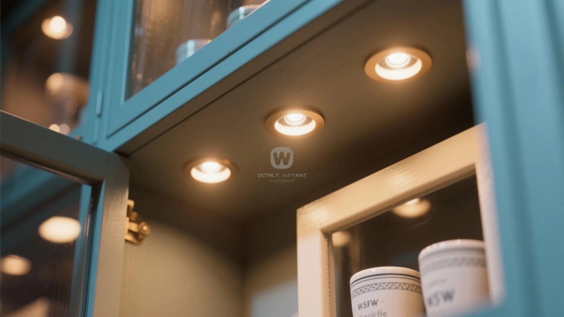 Small round warm lights installed inside a grey kitchen cabinet showing glasses and white mugs