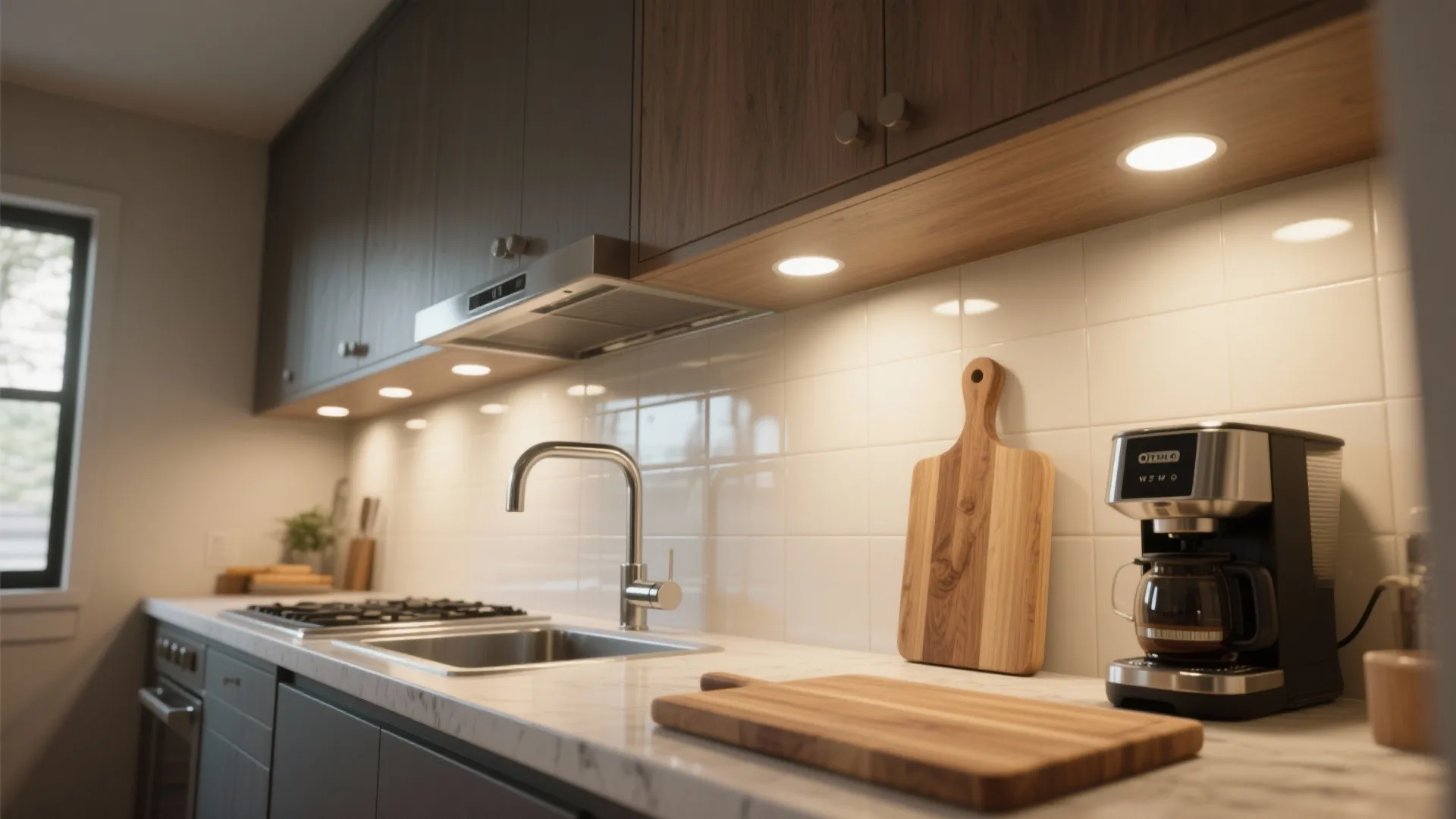 Kitchen prep area with recessed under-cabinet puck lights illuminating a cutting board and coffee station with focused task light.