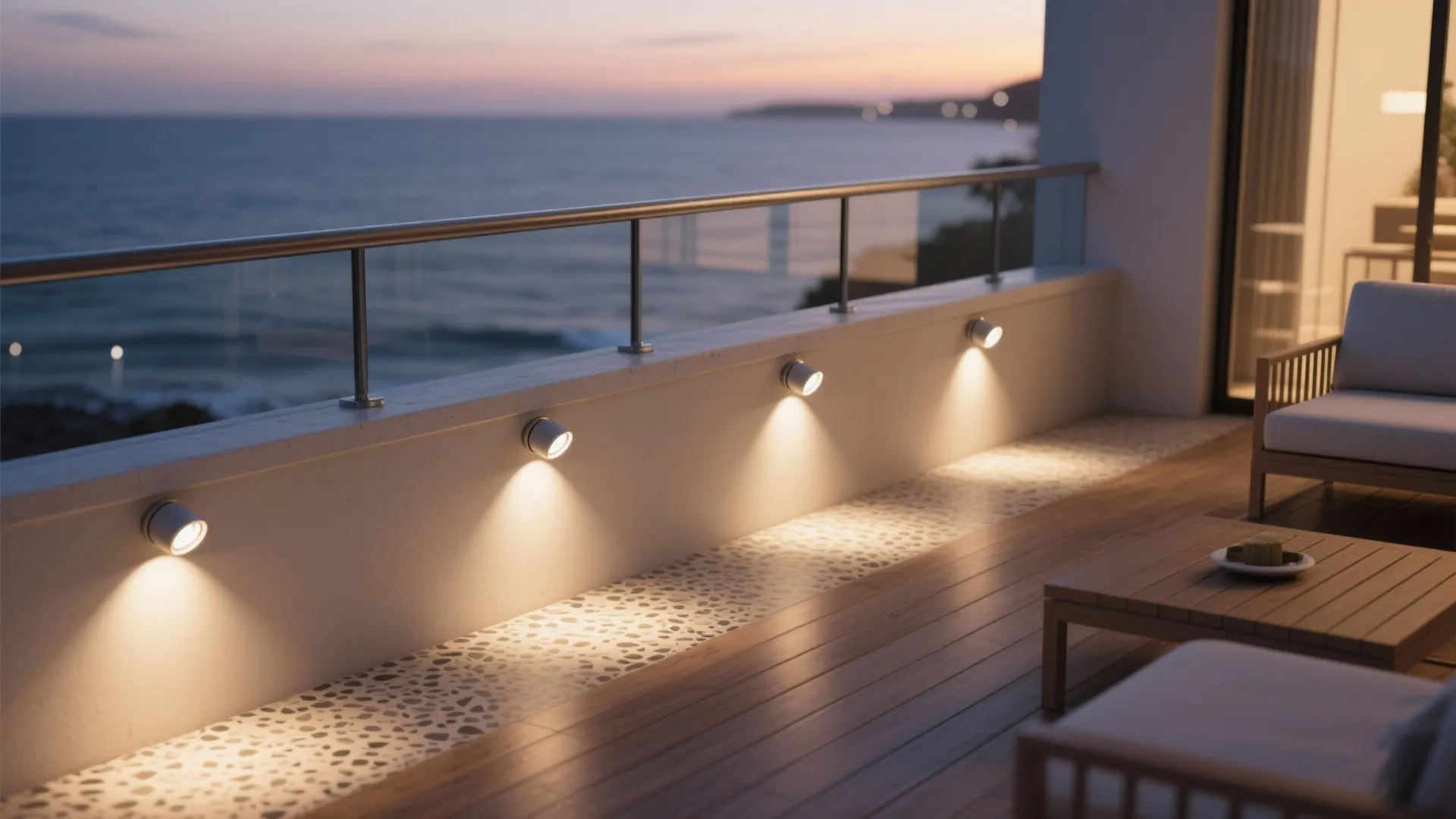 Downlight pucks tucked into the inner parapet face