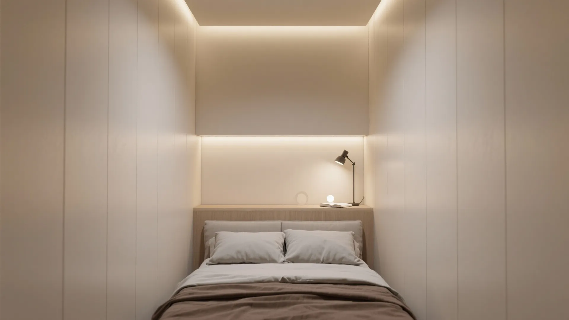 Minimalist small bedroom with white wall panels hidden ceiling lights and a small black reading lamp