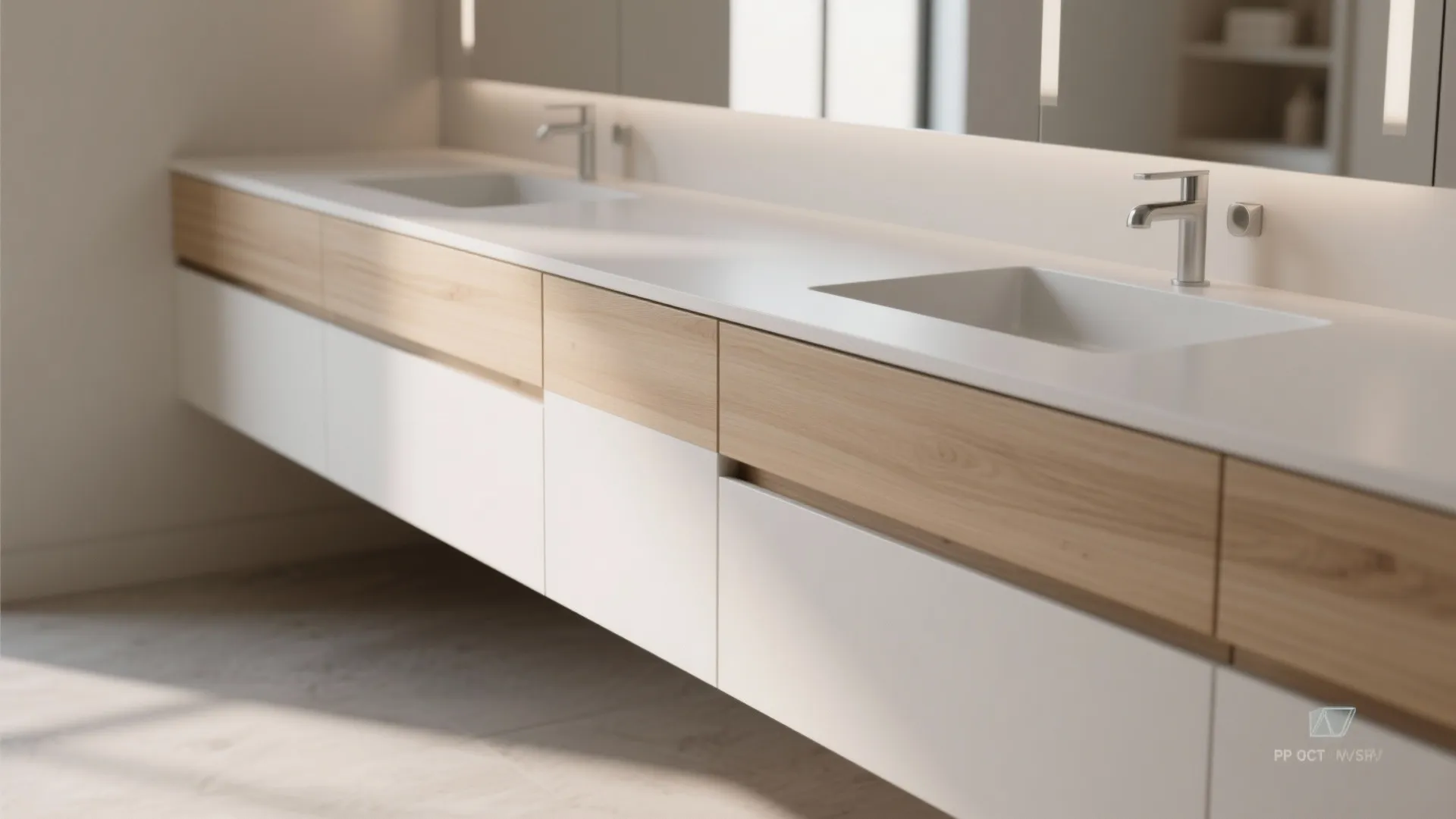 Trimless vanity with recessed integrated pulls creating a clean, snag-free silhouette in a compact bathroom.