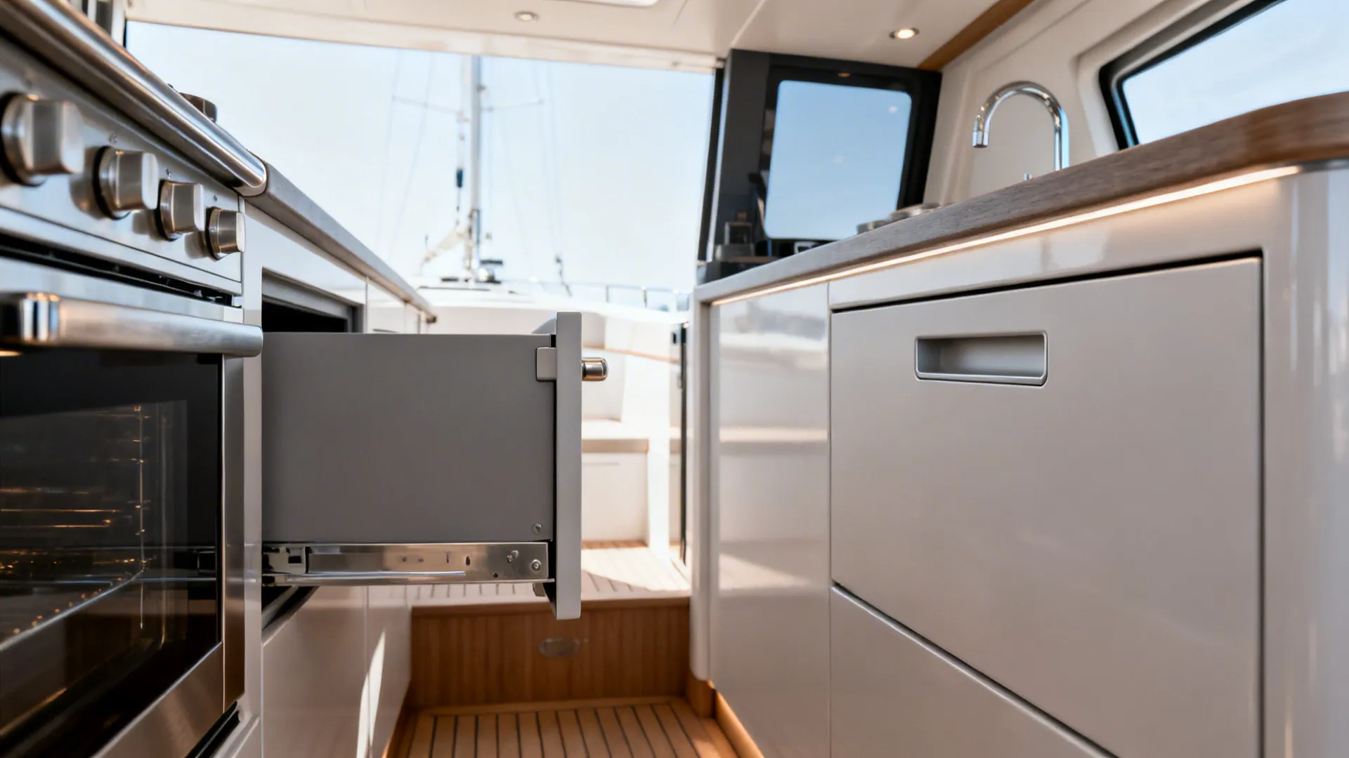 Before-and-after view showing a protruding handle replaced by a flush recessed pull on a trolley.