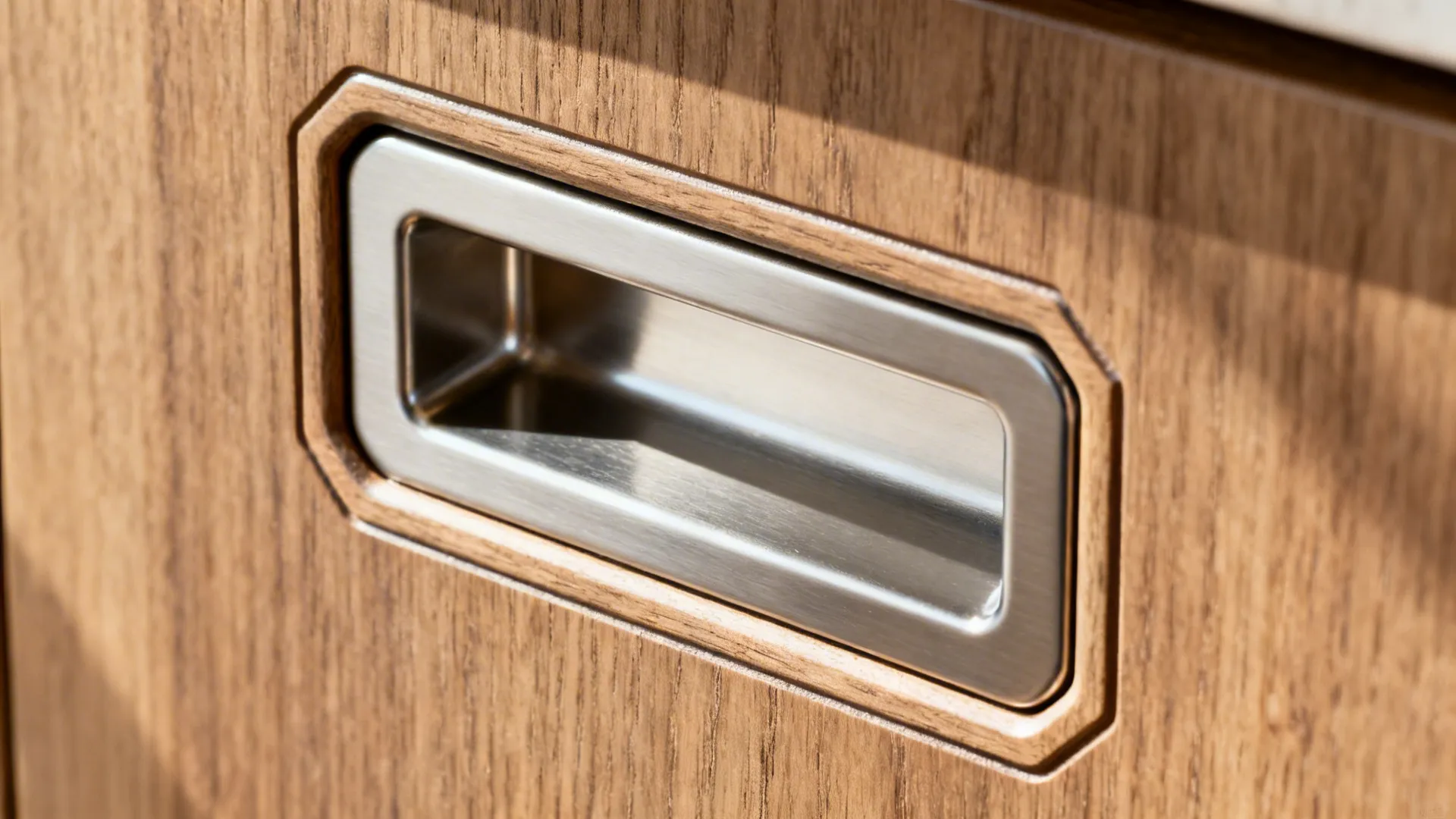 Close-up of a PVD-coated recessed drawer pull with smooth radiused corners.