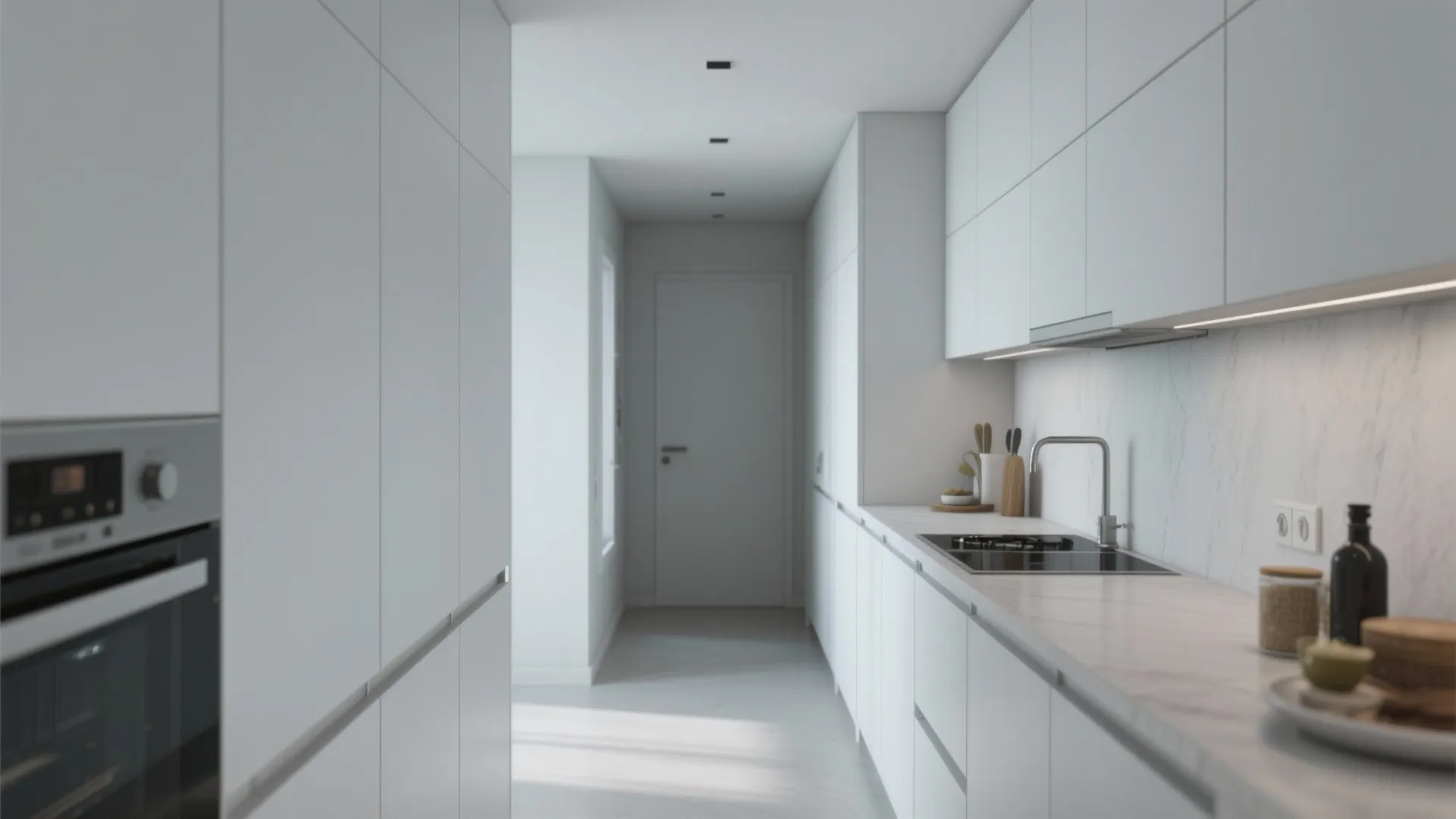 Modern white minimalist kitchen with white cabinets marble countertop silver tap and built in oven