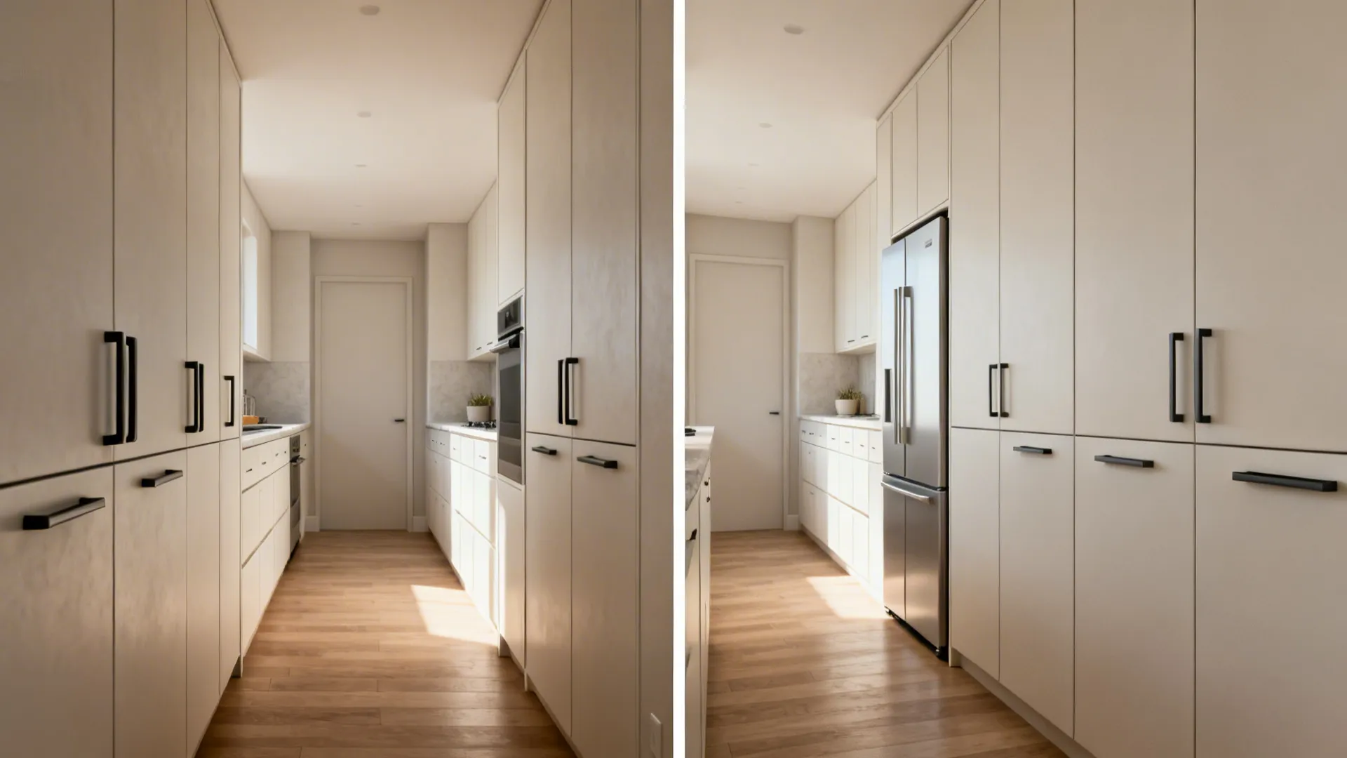 Before-and-after view showing protruding pulls replaced with recessed pulls on tall pantry fronts.