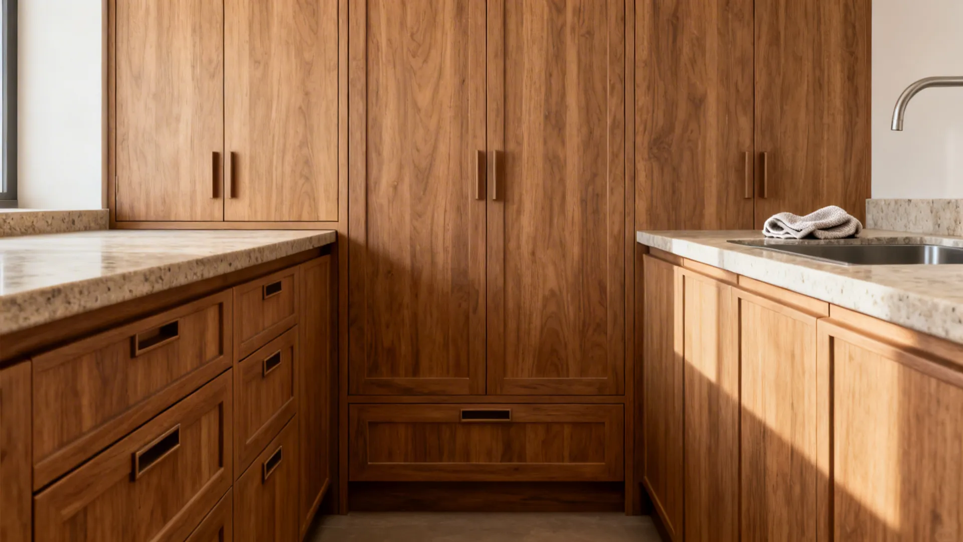 Parallel kitchen with recessed flush pulls on pantry and drawers to avoid aisle projection.