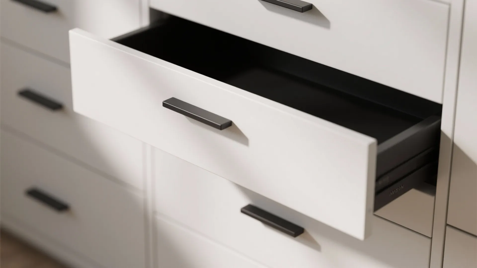 Top-down view of recessed black pulls flush with drawer faces showing precise routing and clean lines.