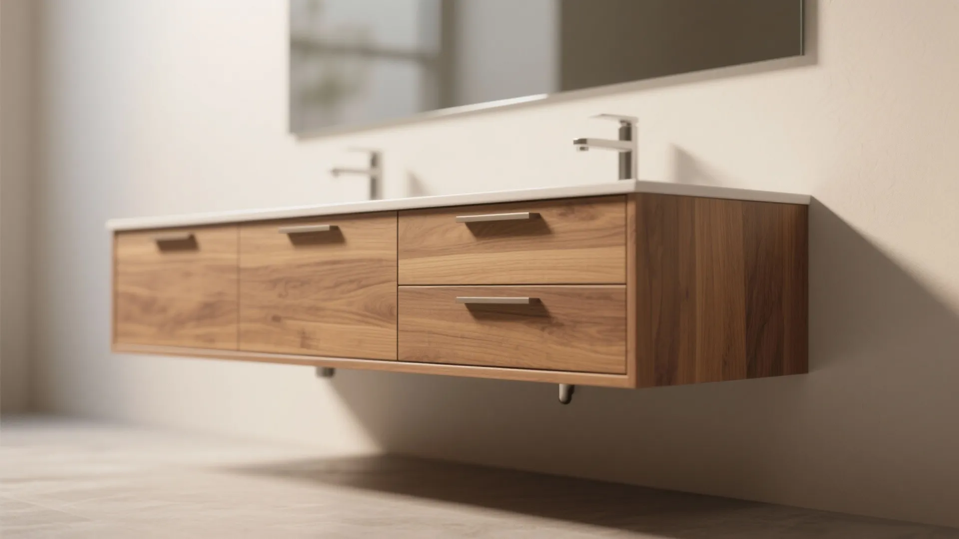 Floating wood bathroom cabinet with four drawers two silver faucets and a large wall mirror