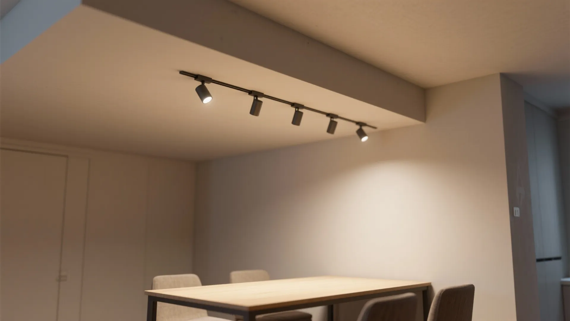 Minimalist dining area with a recessed track rail concealed in a beam soffit and low-profile heads.