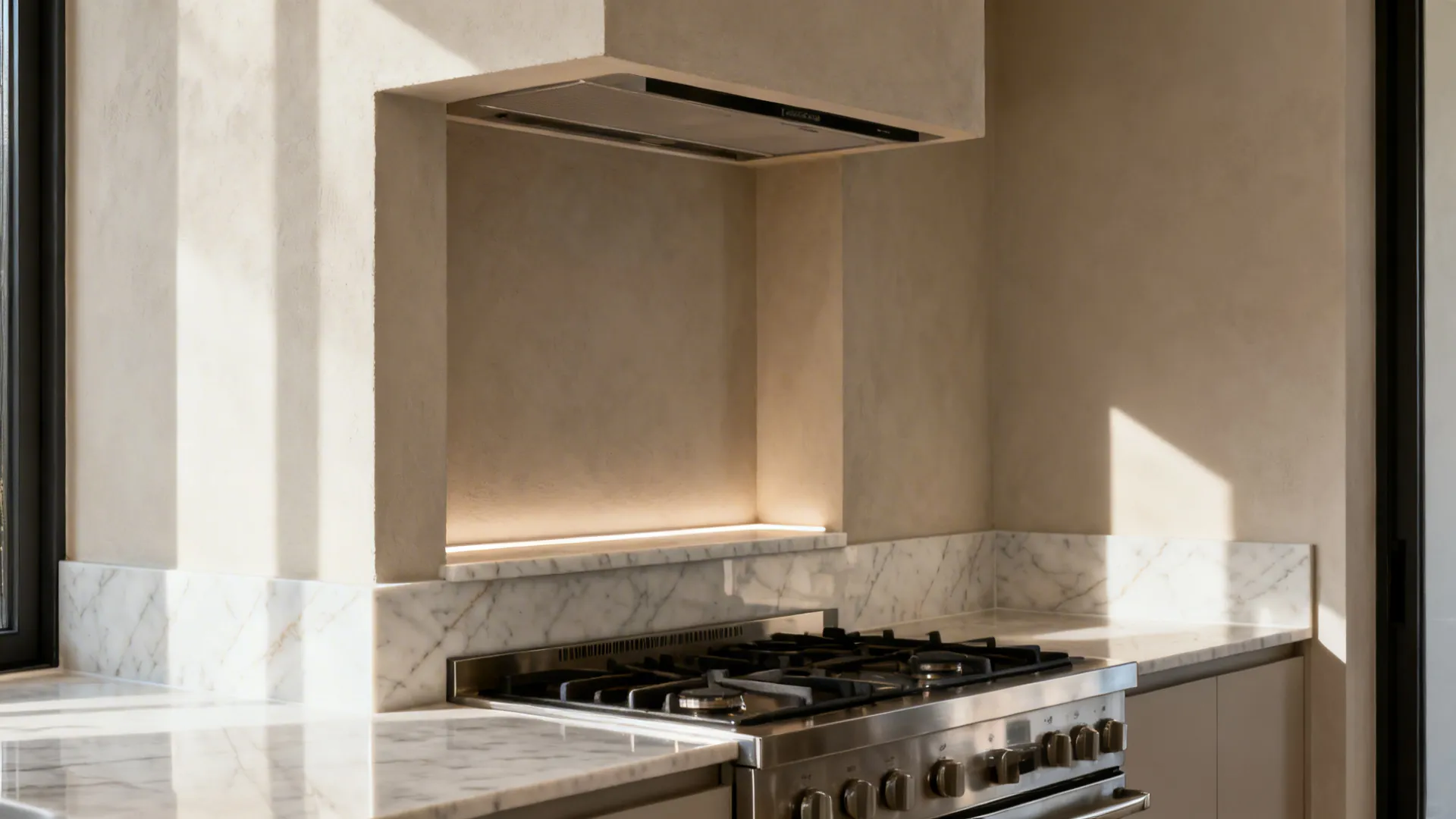 Range tucked into a chimney alcove with a flush quartz backsplash and shadow-line reveal.