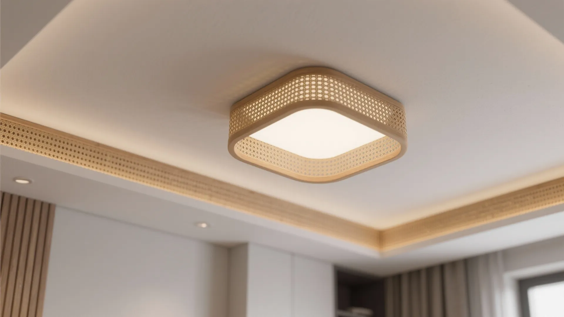 Square woven ceiling light fixture installed on white ceiling with matching wood trim and curtains
