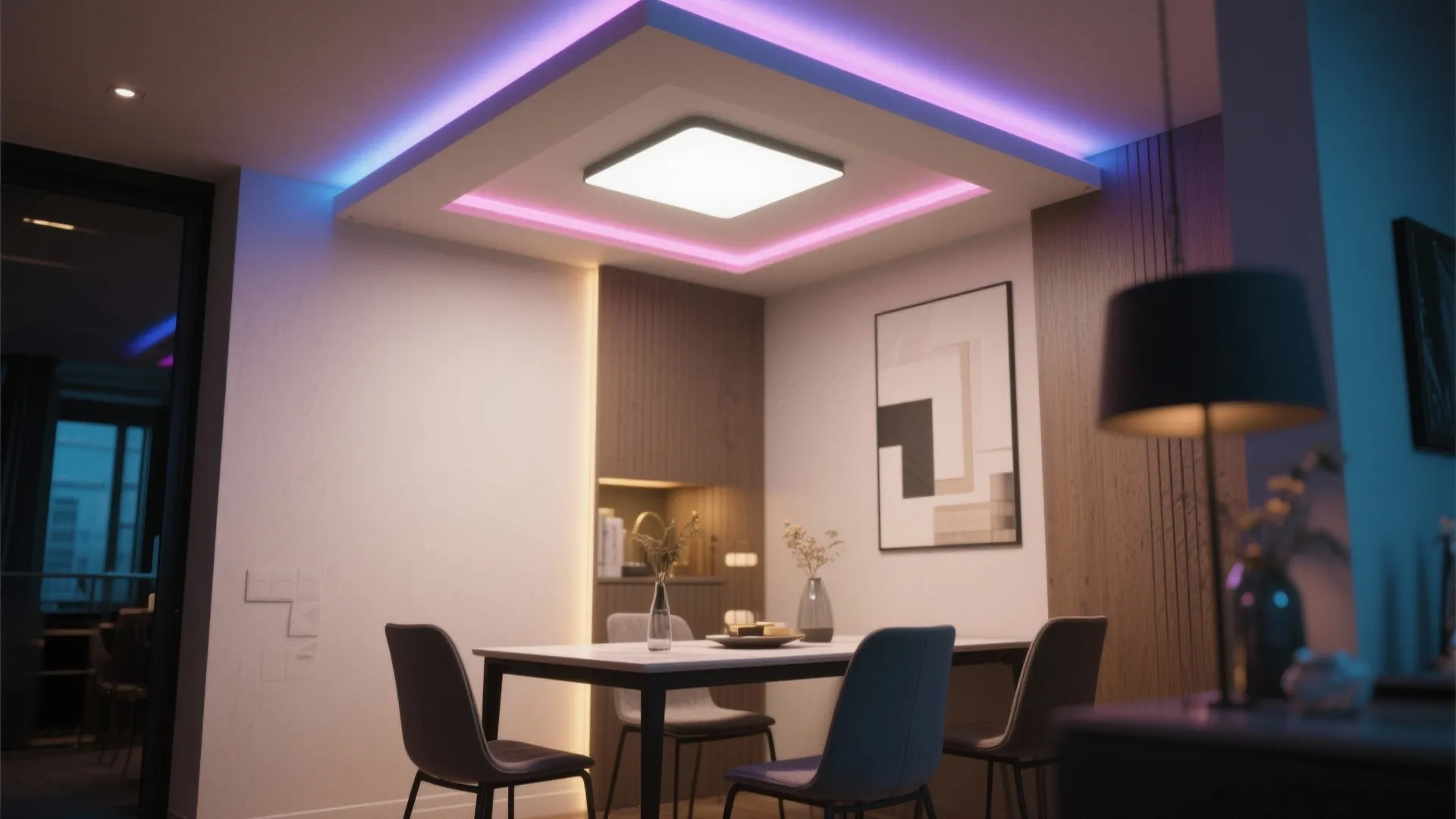 Modern dining room with square ceiling light featuring colorful pink and blue hidden strip lighting