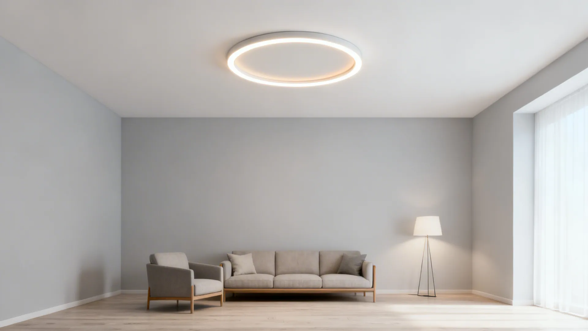 Minimal living room with a recessed circular halo light providing even ambient glow.