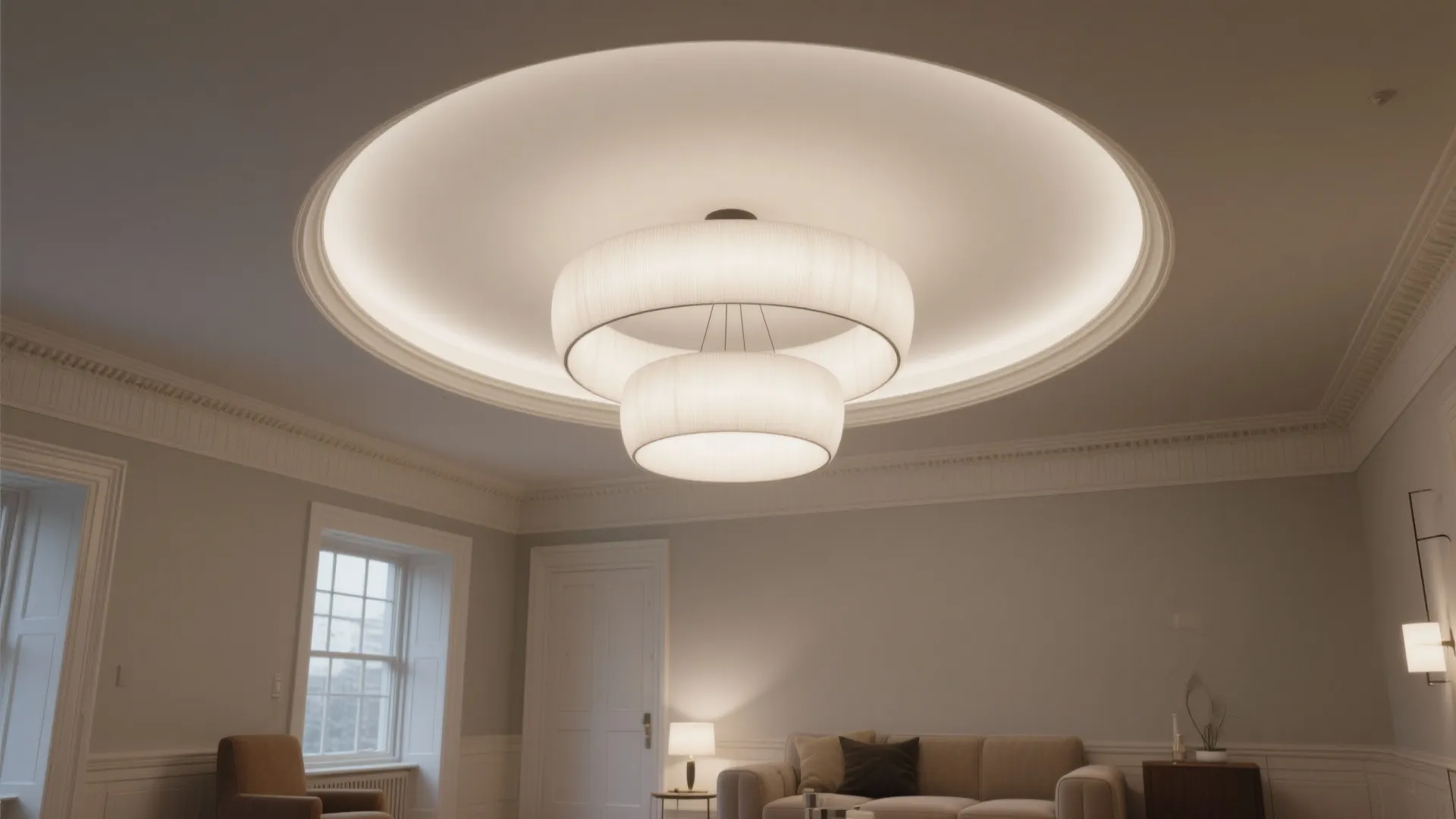 Low-ceiling lounge with a recessed-ring chandelier providing diffuse ambient light