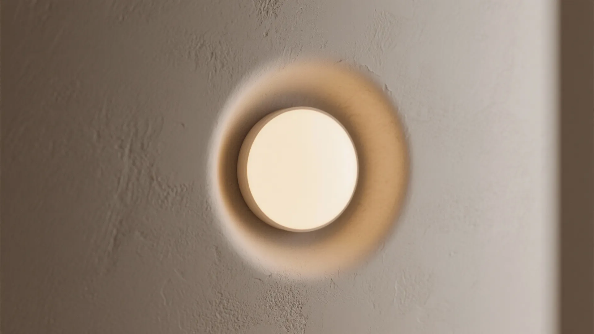 Close-up of a recessed round sconce integrated into a plaster wall emitting warm light