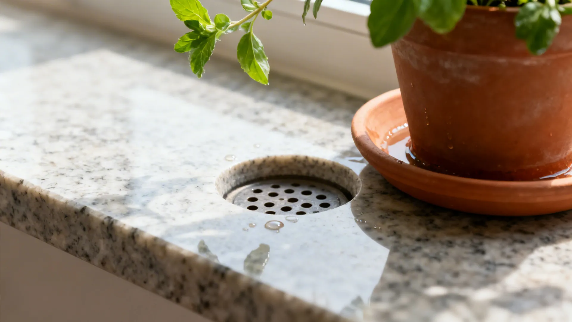 Close-up of a terracotta pot on a quartz sill with recessed saucer and tiny drainage holes.