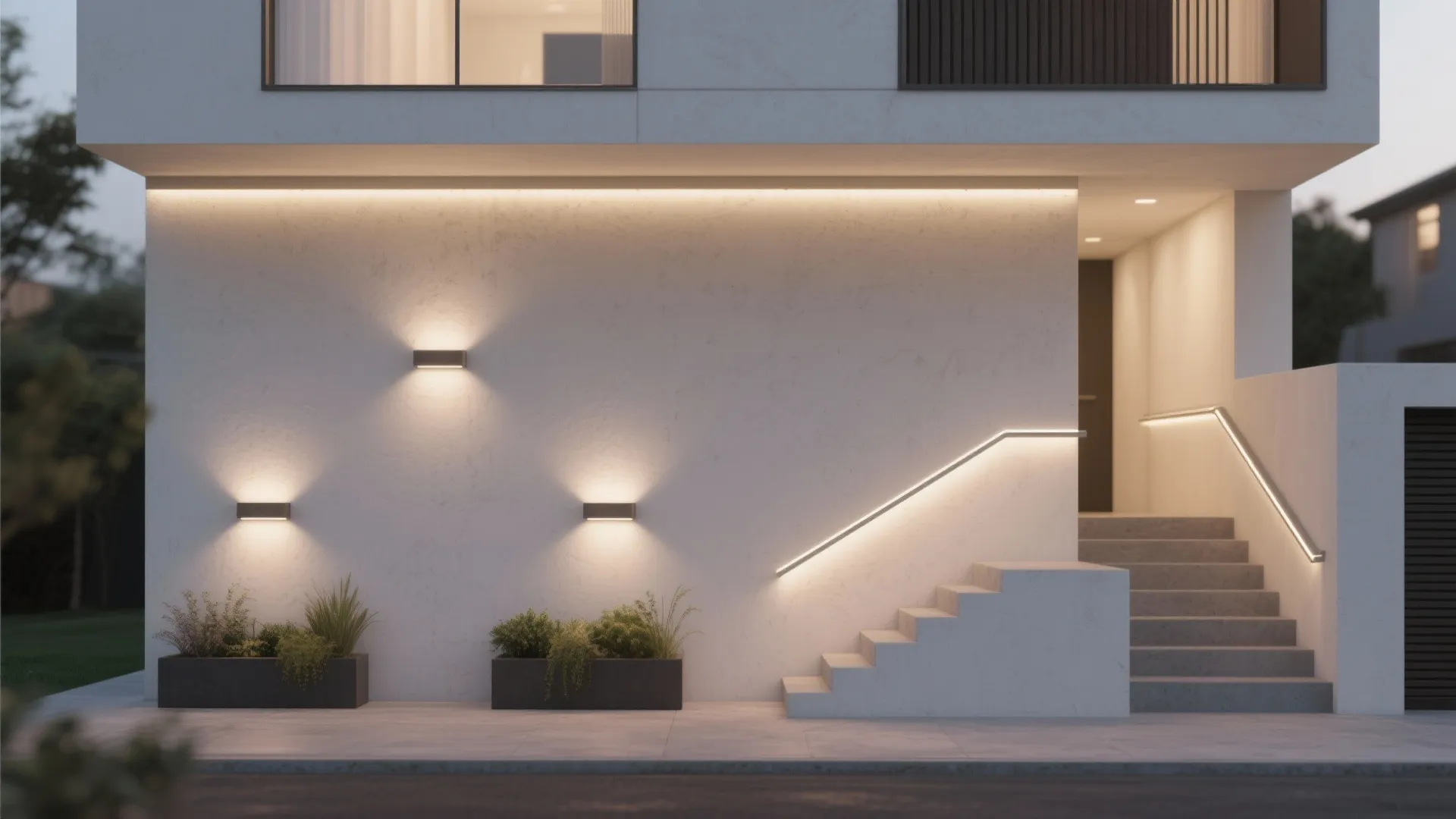 Modern house exterior wall with multiple wall lights and a staircase with illuminated hand rail