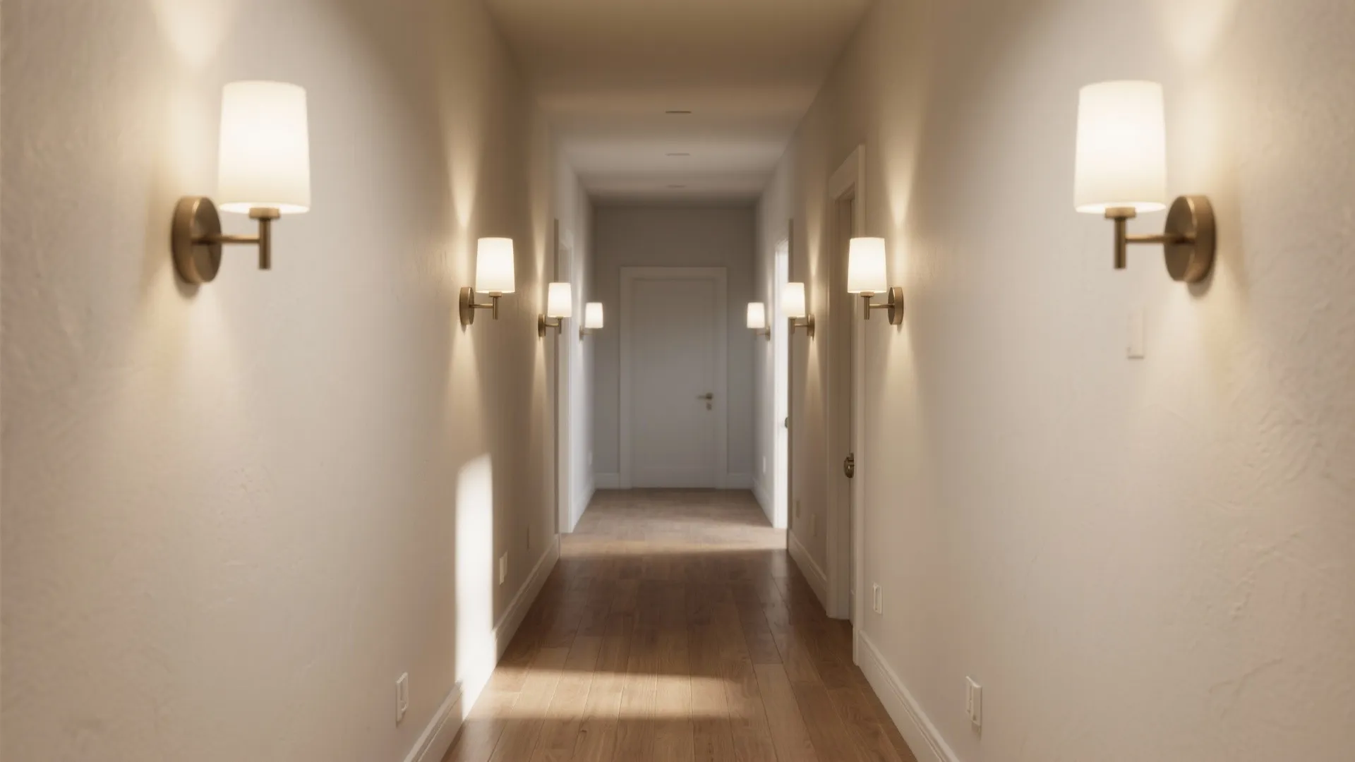 Long hallway with wooden floor and several warm wall lights mounted on white walls ahead