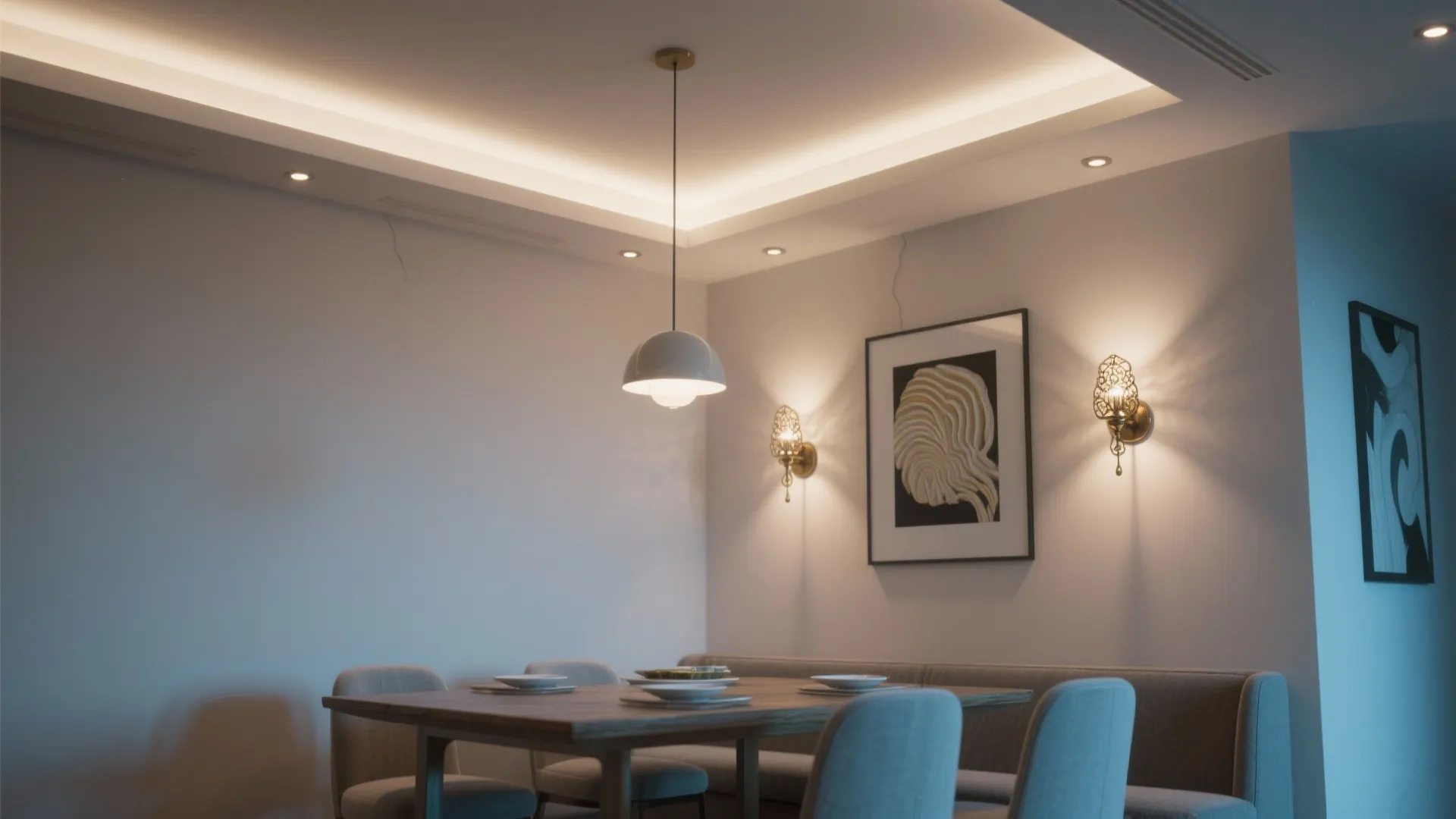 Modern dining area with hanging ceiling light two wall light fixtures and wooden dinner table