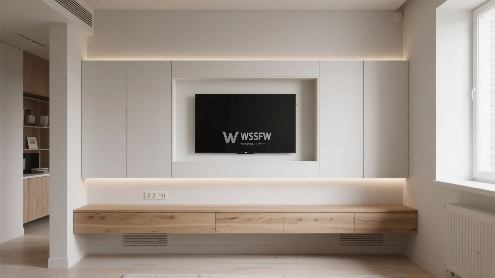 In-wall TV niche with a crisp 10 mm shadow gap and clean minimalist wall