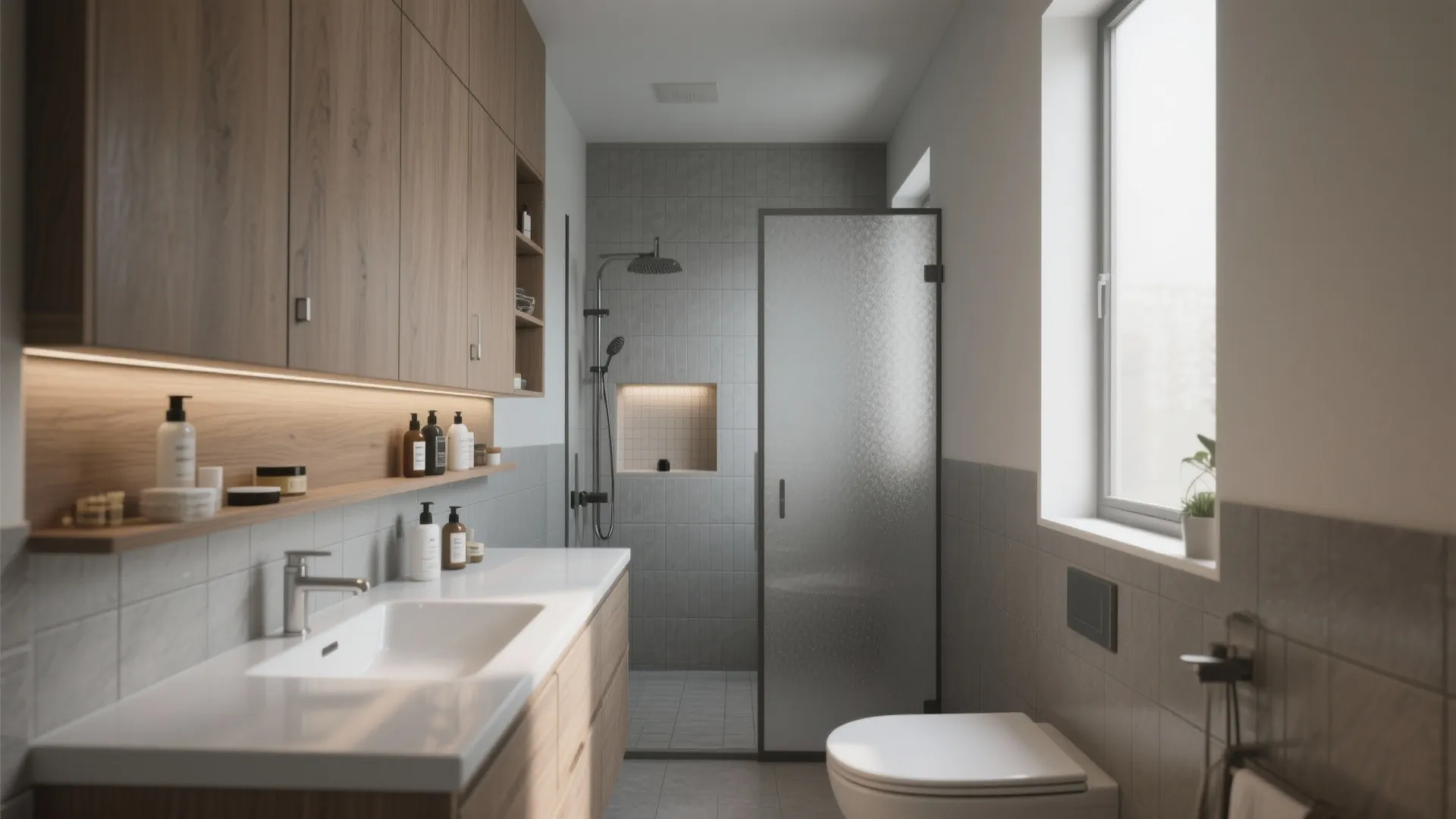 Modern bathroom design with wooden cabinets white sink grey tiles glass shower door and toilet