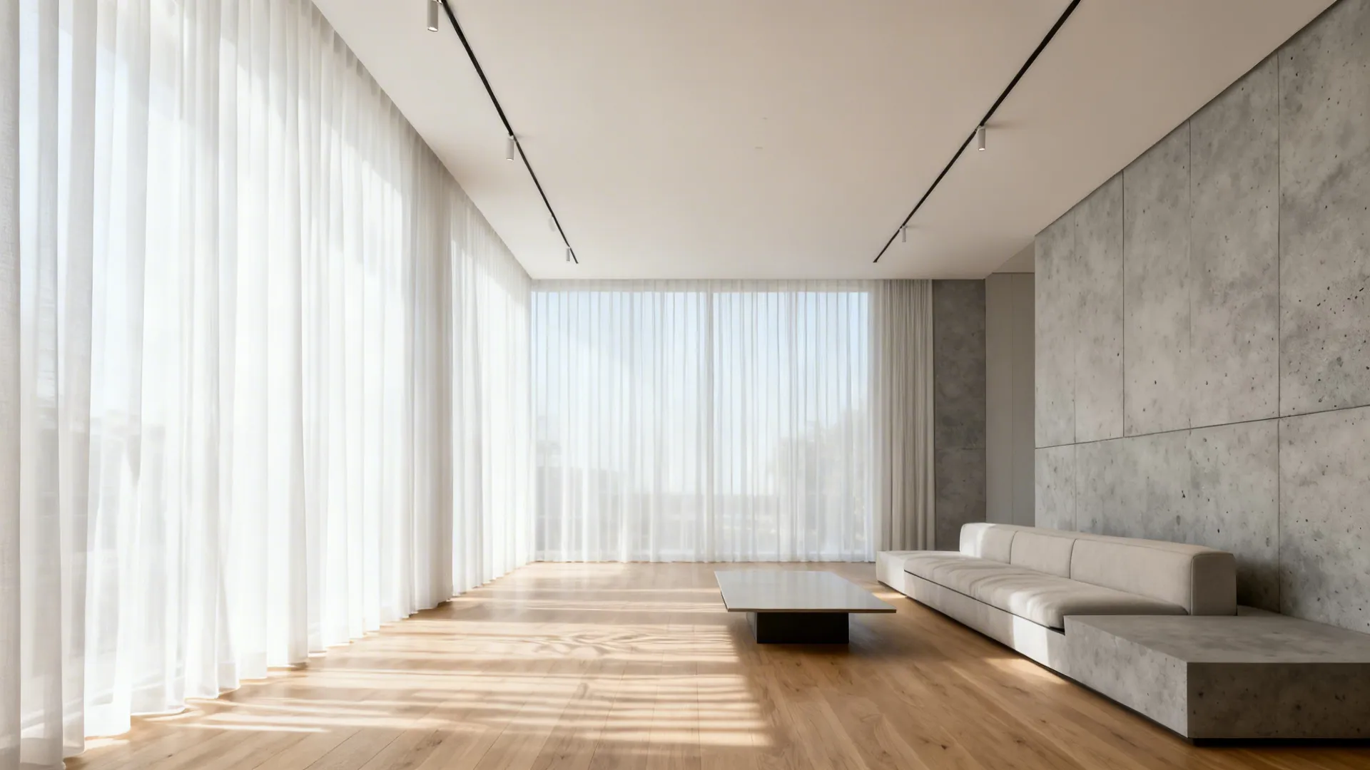 Ceiling-to-floor sheer curtains on recessed tracks spanning wall-to-wall in a modern living room.