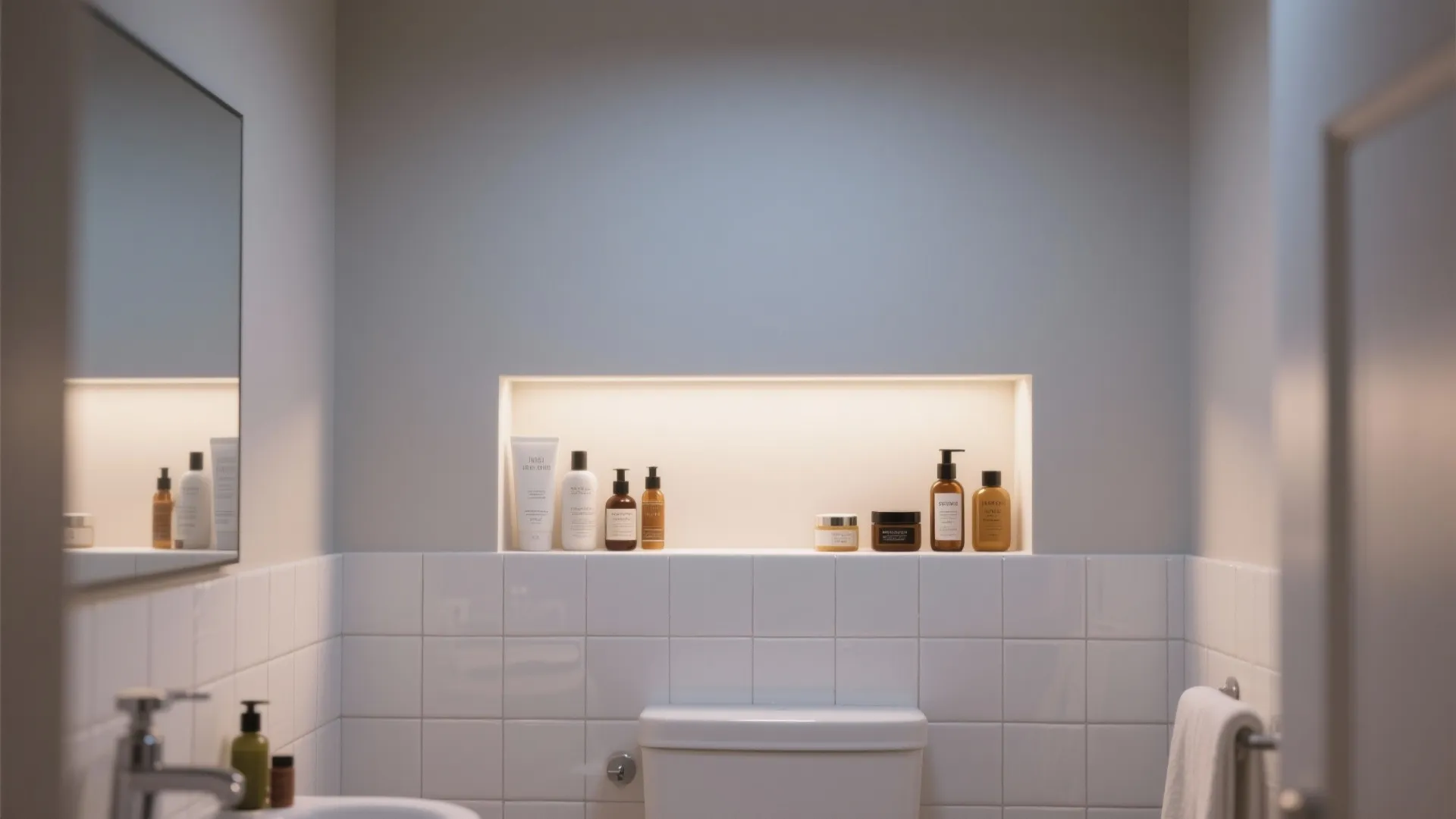 Bathroom wall with lighted recessed shelf holding bottles and jars above a white flush toilet