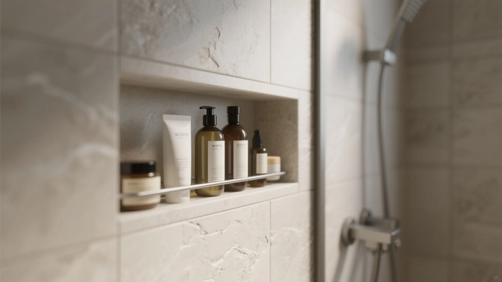 Close up view of shower wall shelf with soap bottles and light stone pattern tiles