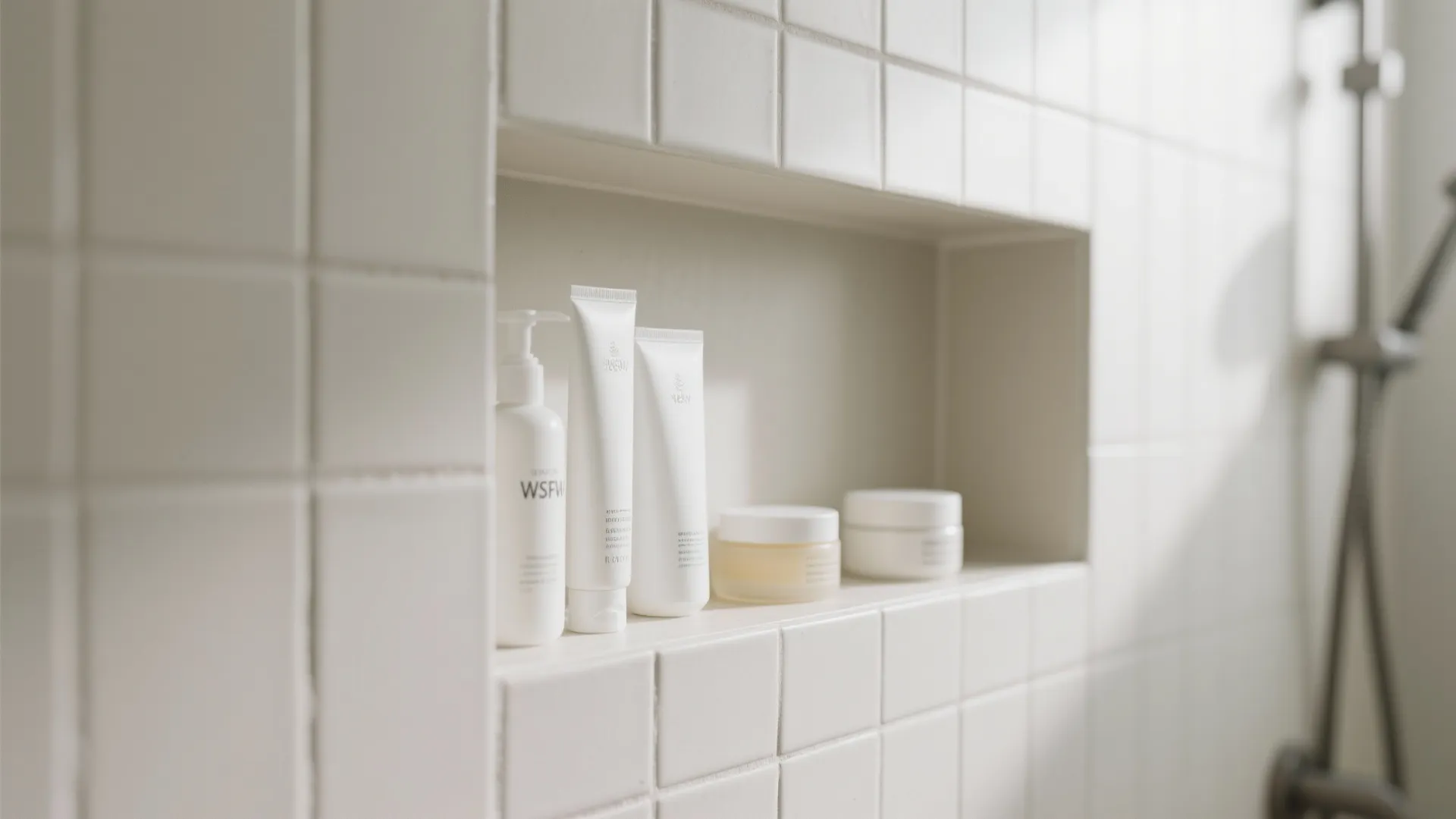 Built-in recessed shelving in shower wall with toiletries
