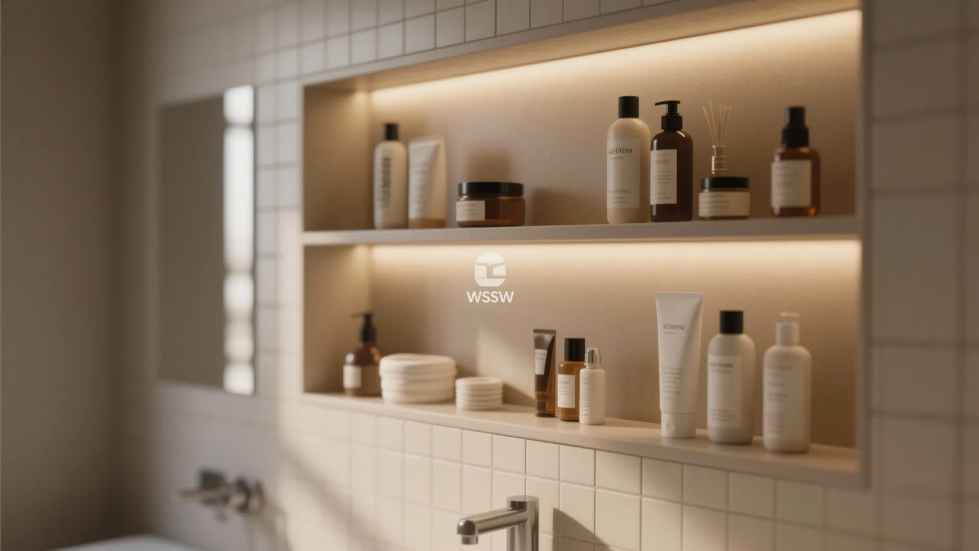 Recessed wall shelves in bathroom with white tiles holding various skin care bottles and jars