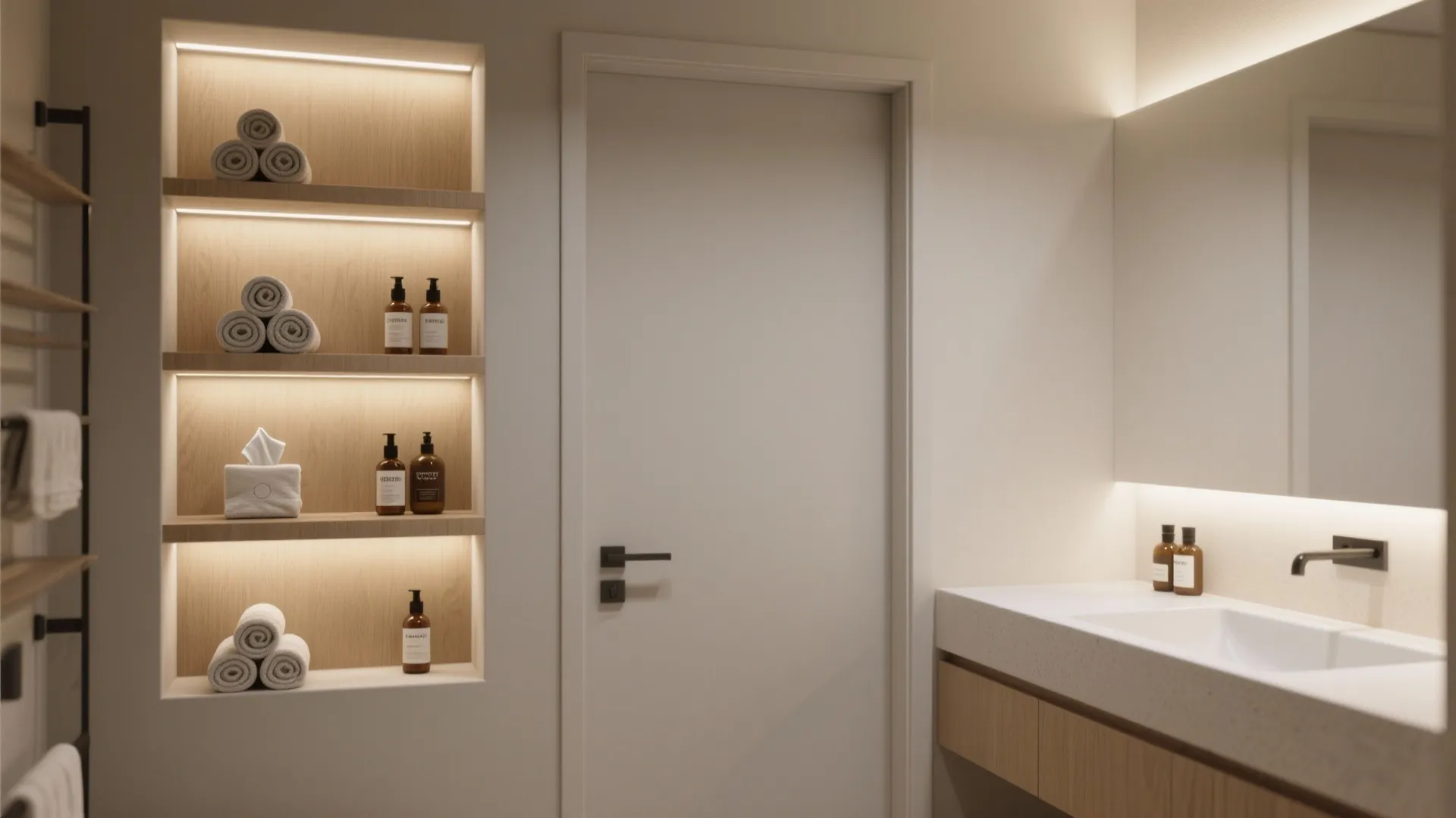 Recessed wall shelves with lights holding towels and bottles next to a bathroom door and sink
