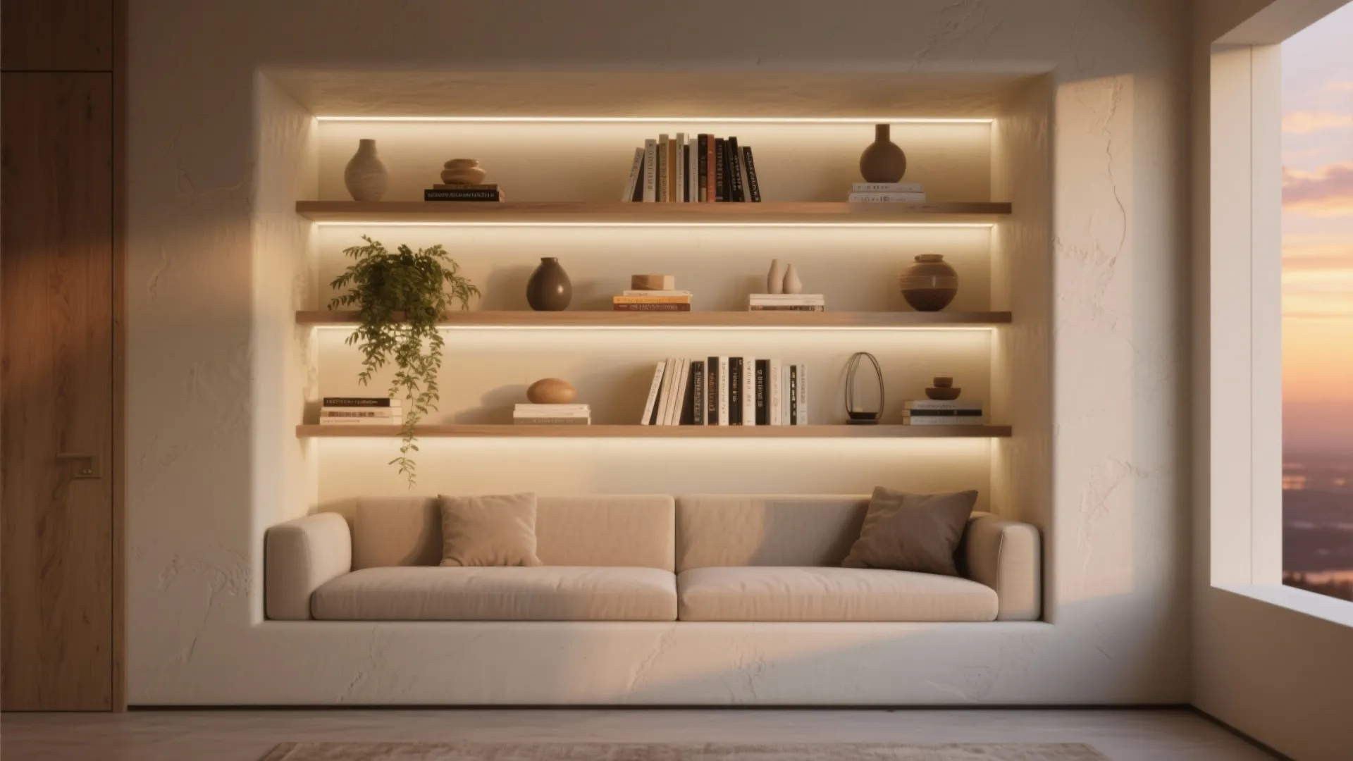 3. Built-in recessed shelving for a seamless look