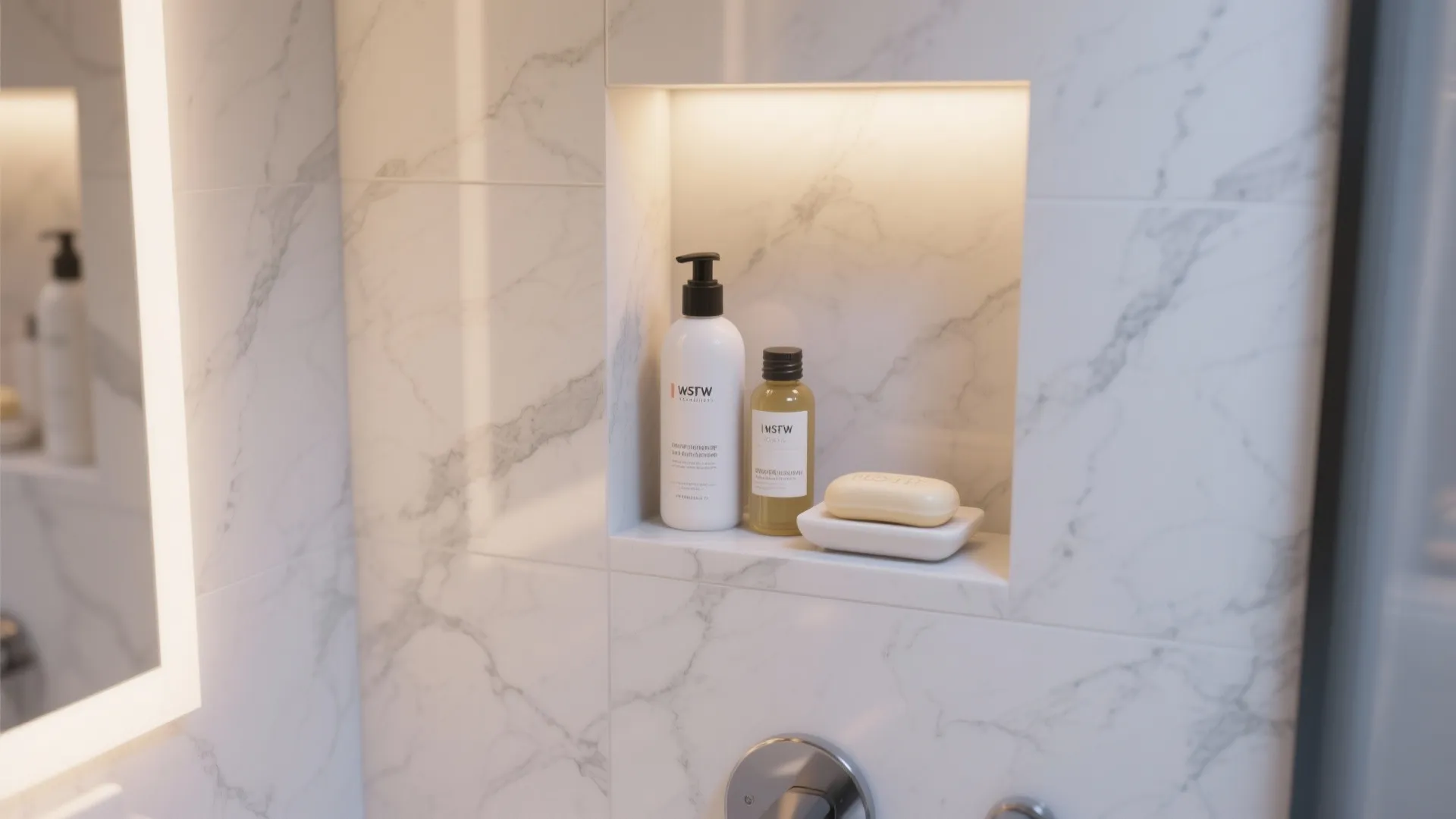 Marble wall with built in shelf containing soap bottles and white bar soap with light