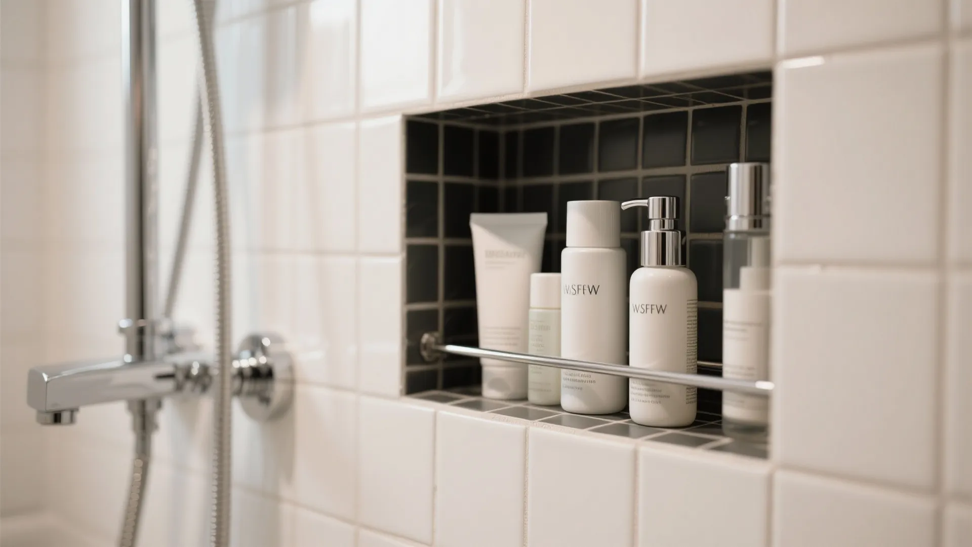 Recessed wall shelf in shower with white tiles holding various bottles and a metal bar