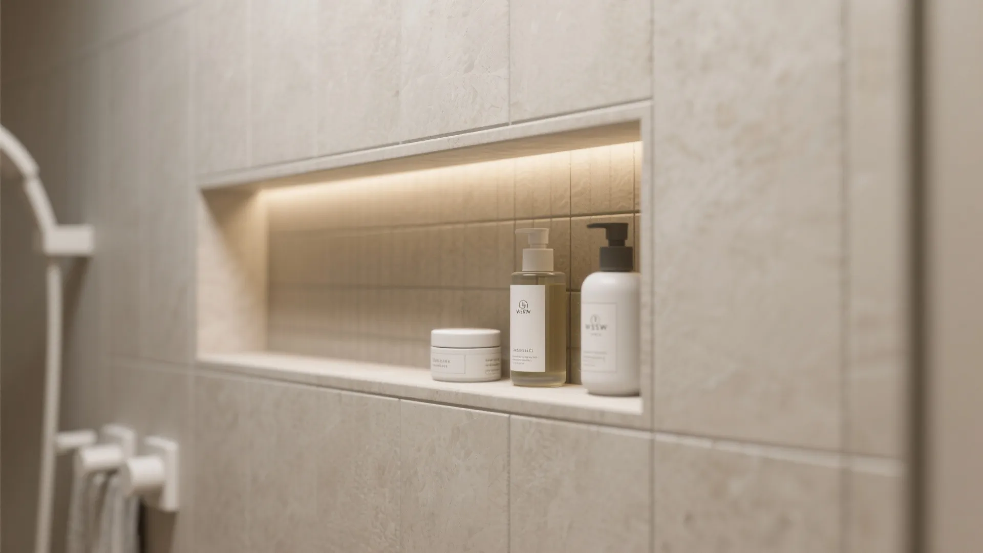 Recessed bathroom wall shelf with warm light fixture showing various soap bottles and skincare products