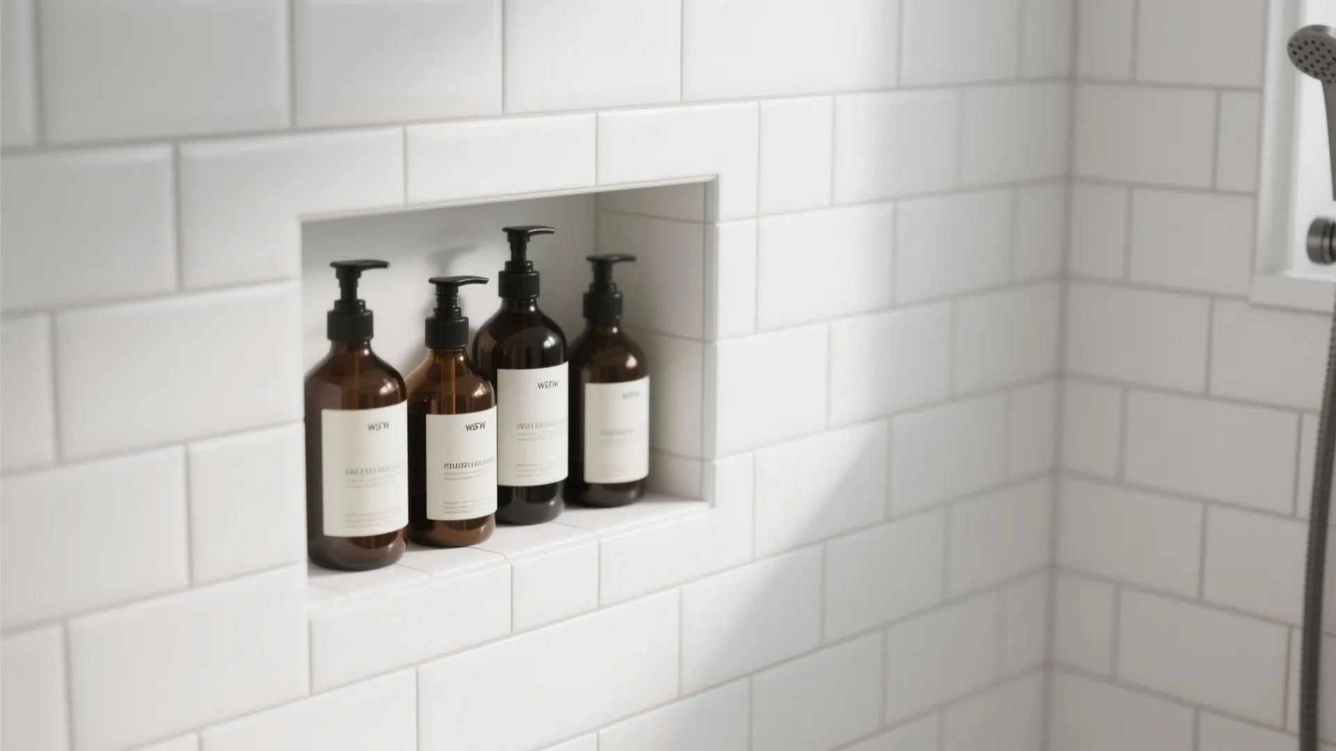 Recessed shower wall storage niche with bath products