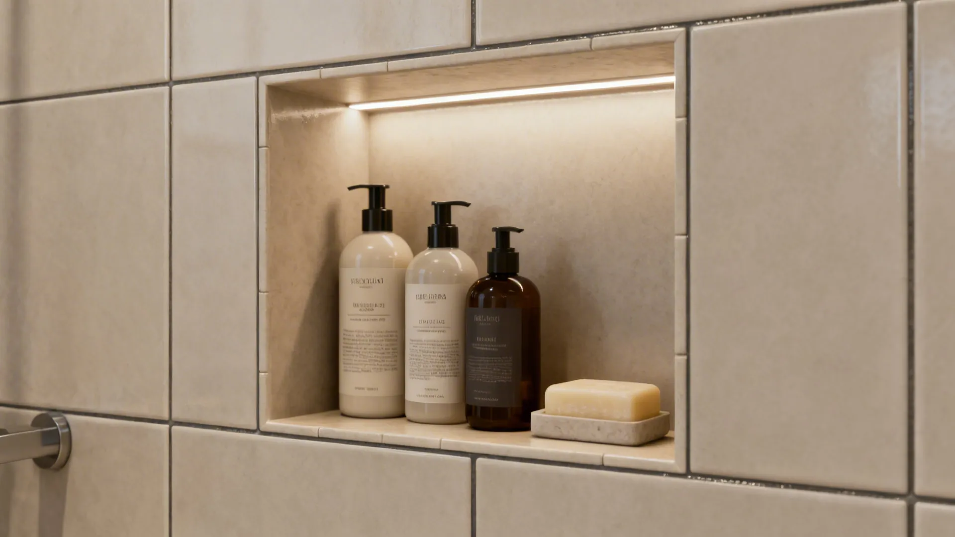 Recessed shower niche with waterproof tile, LED strip, and neatly arranged toiletries.