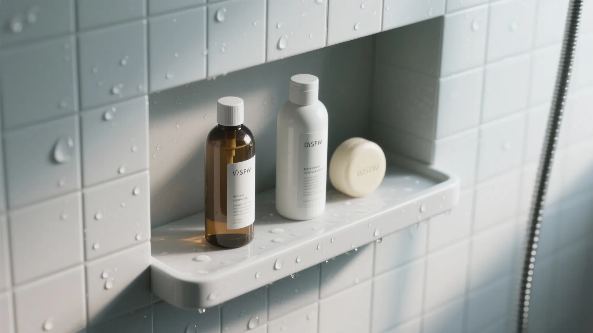 White bathroom wall tiles with water droplets featuring recessed shelf holding two bottles and one soap
