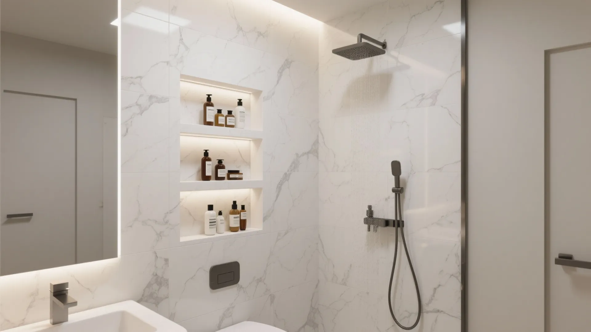 White marble shower wall with built in shelves holding bathroom bottles and a black shower