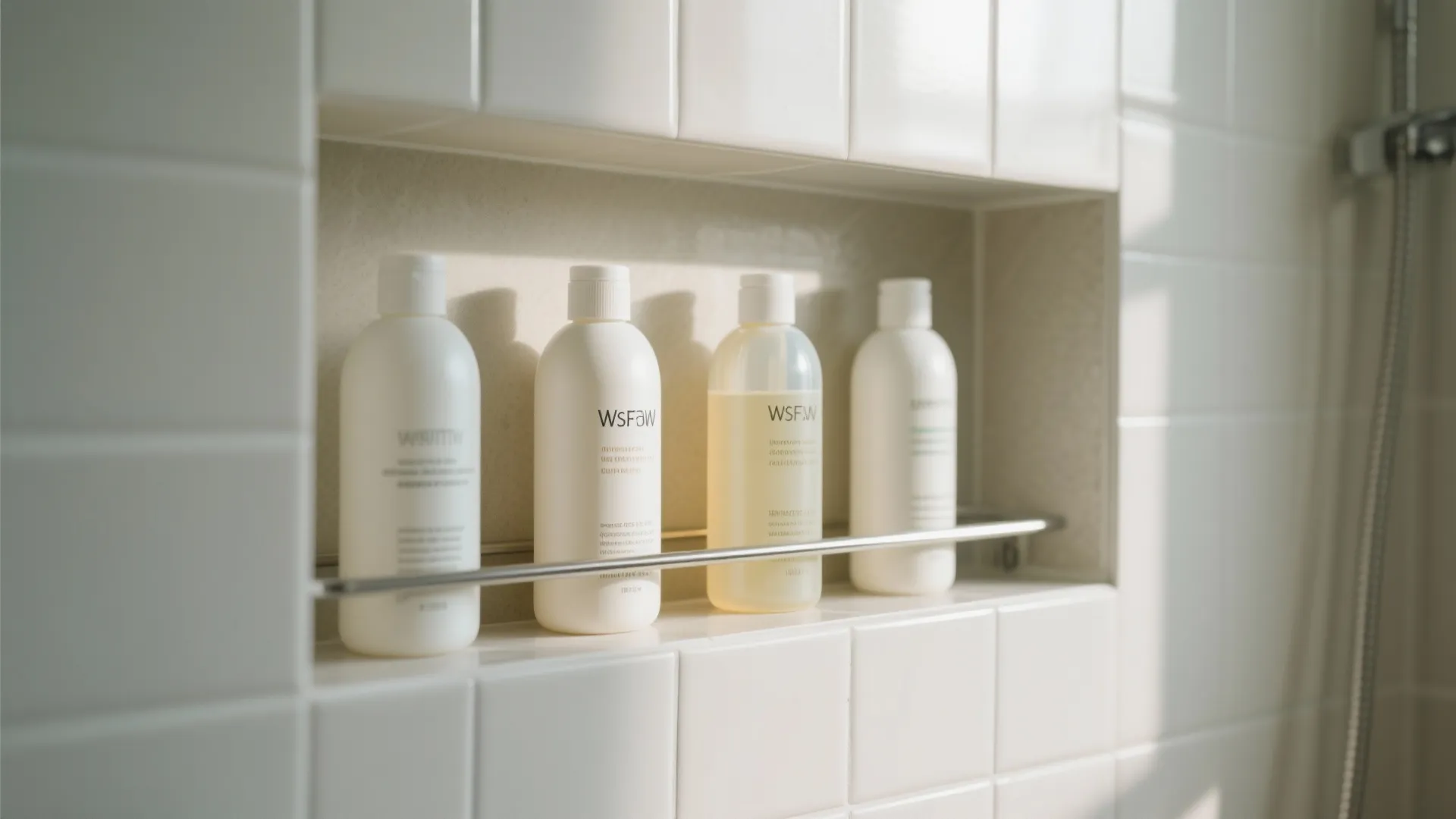 Recessed wall shelf in white tiled shower containing four shampoo bottles and a metal bar