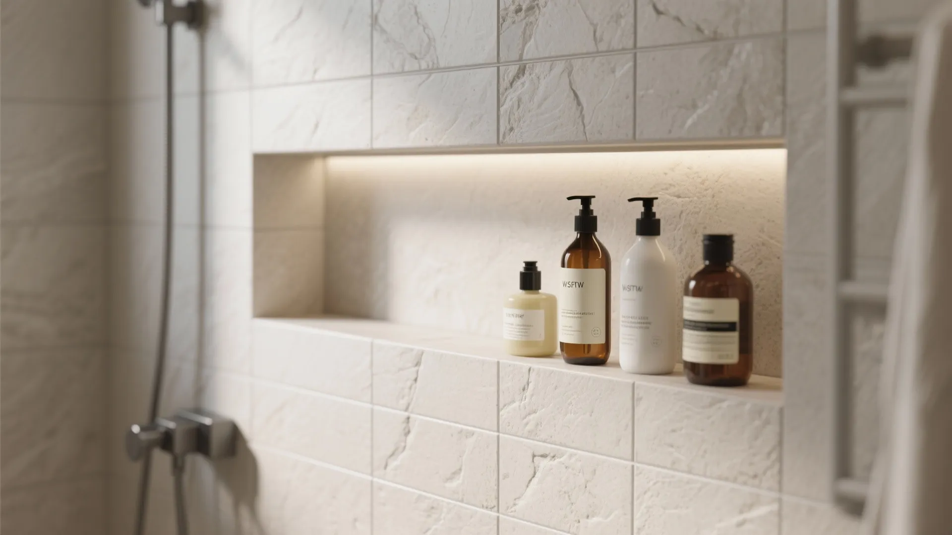 Recessed shower shelf with warm light fixture holding soap bottles against textured white wall tiles