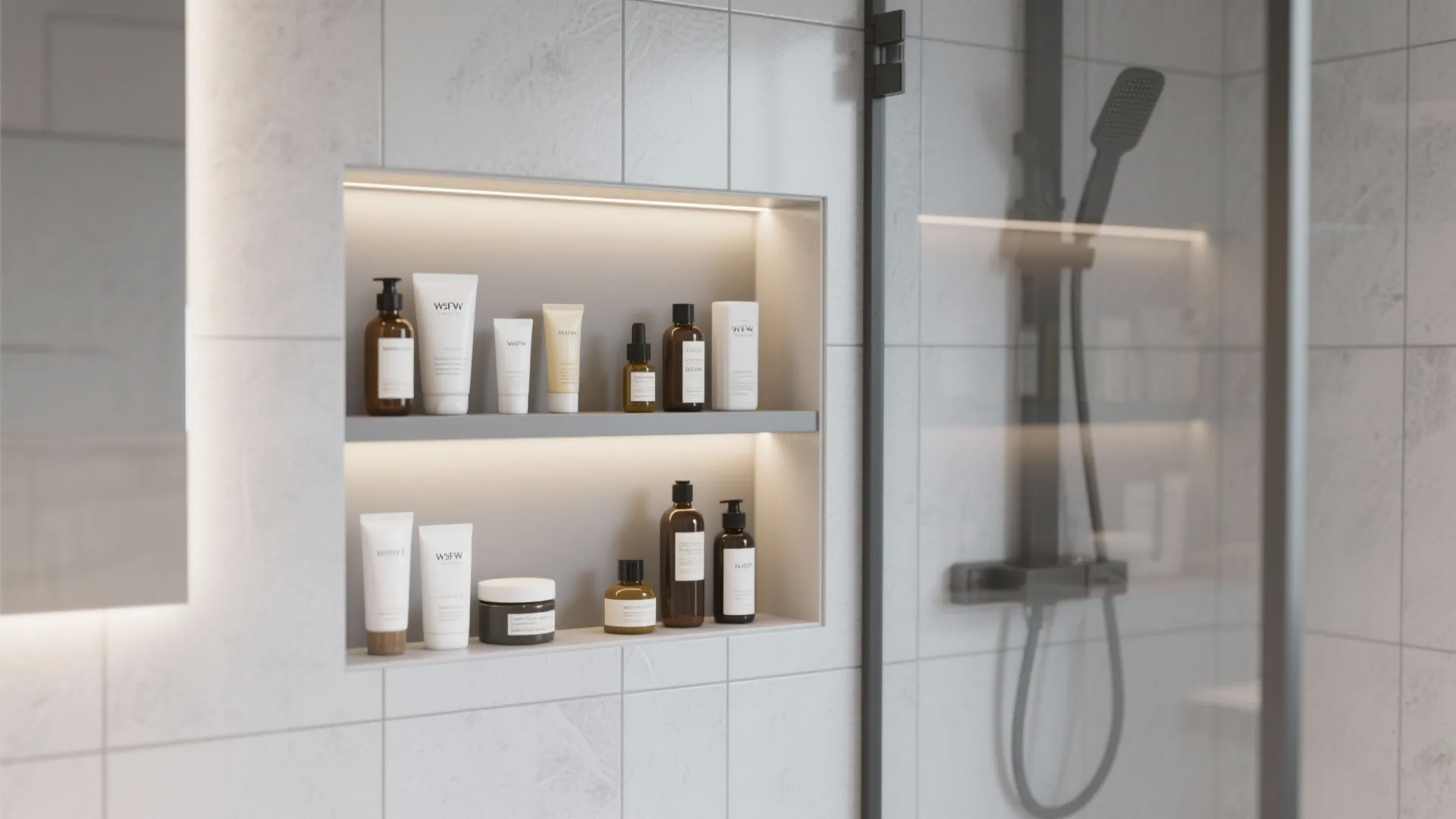 Wall cabinet with built in lights holding skin care products next to a glass shower